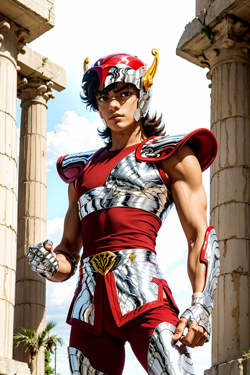 (masterpiece), (best quality), 1boy, Seiya, saint seiya, brown hair, helmet, armor, fingerless_gloves, belt, greek temple background