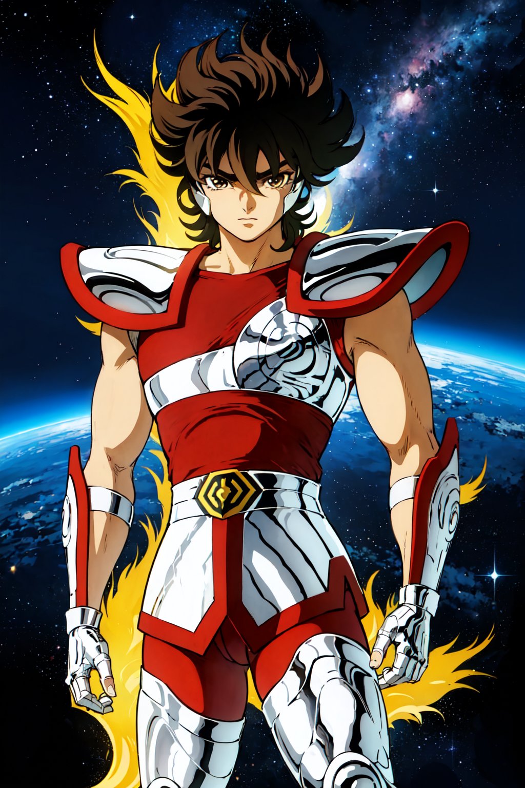 (masterpiece), (best quality), 1boy, Seiya, saint seiya, brown hair, armor, fingerless_gloves, belt, aura, space background