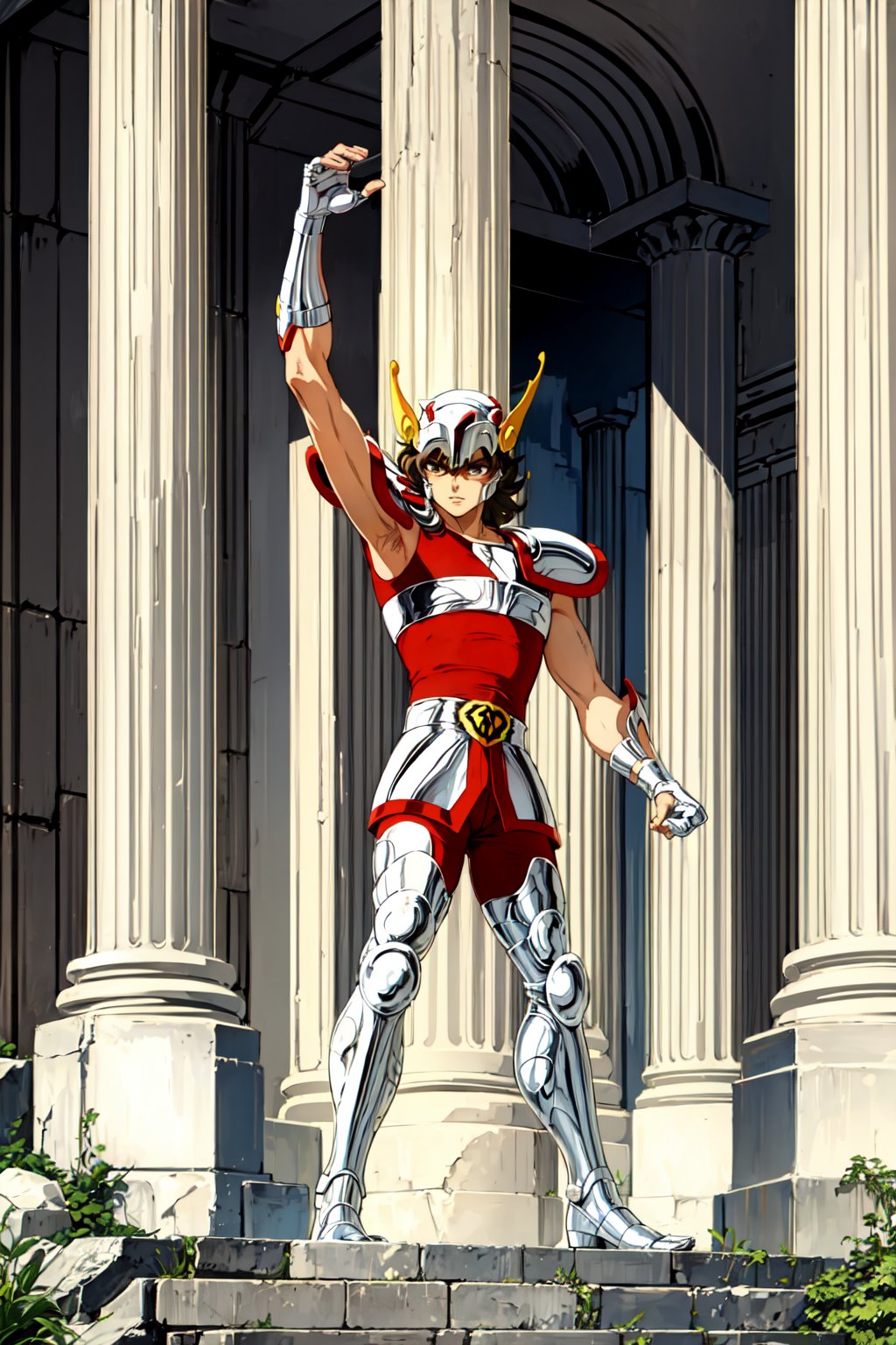 (masterpiece), (best quality), 1boy, Seiya, saint seiya, brown hair, helmet, armor, fingerless_gloves, belt, greek temple background