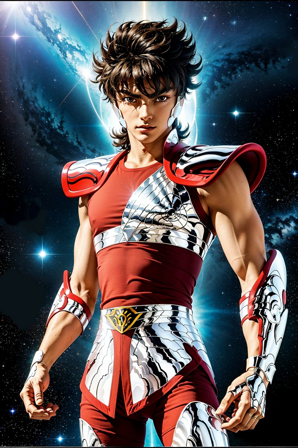 (masterpiece), (best quality), 1boy, Seiya, saint seiya, brown hair, armor, fingerless_gloves, belt, aura, space background