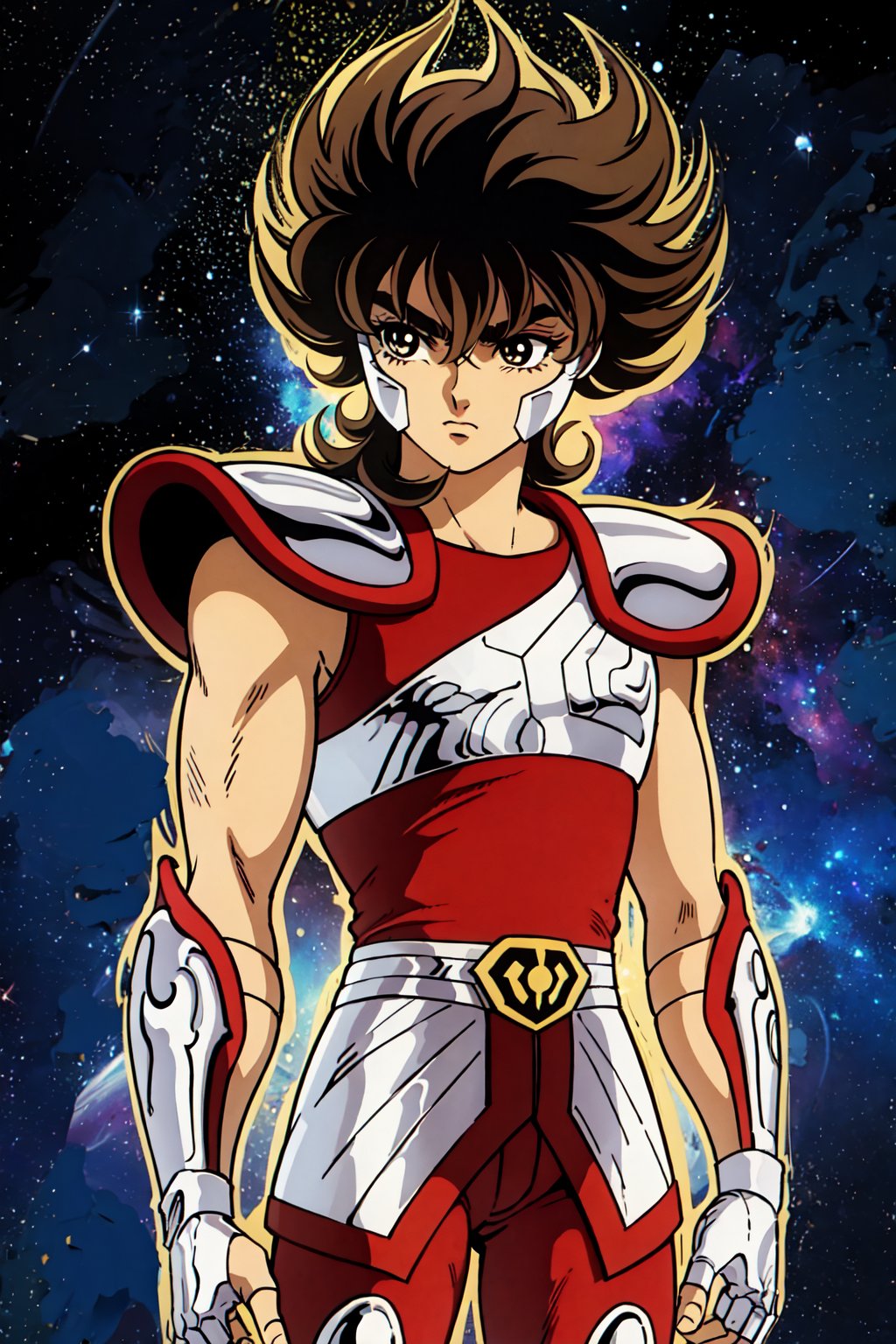 (masterpiece), (best quality), 1boy, Seiya, saint seiya, brown hair, armor, fingerless_gloves, belt, aura, space background,retro artstyle