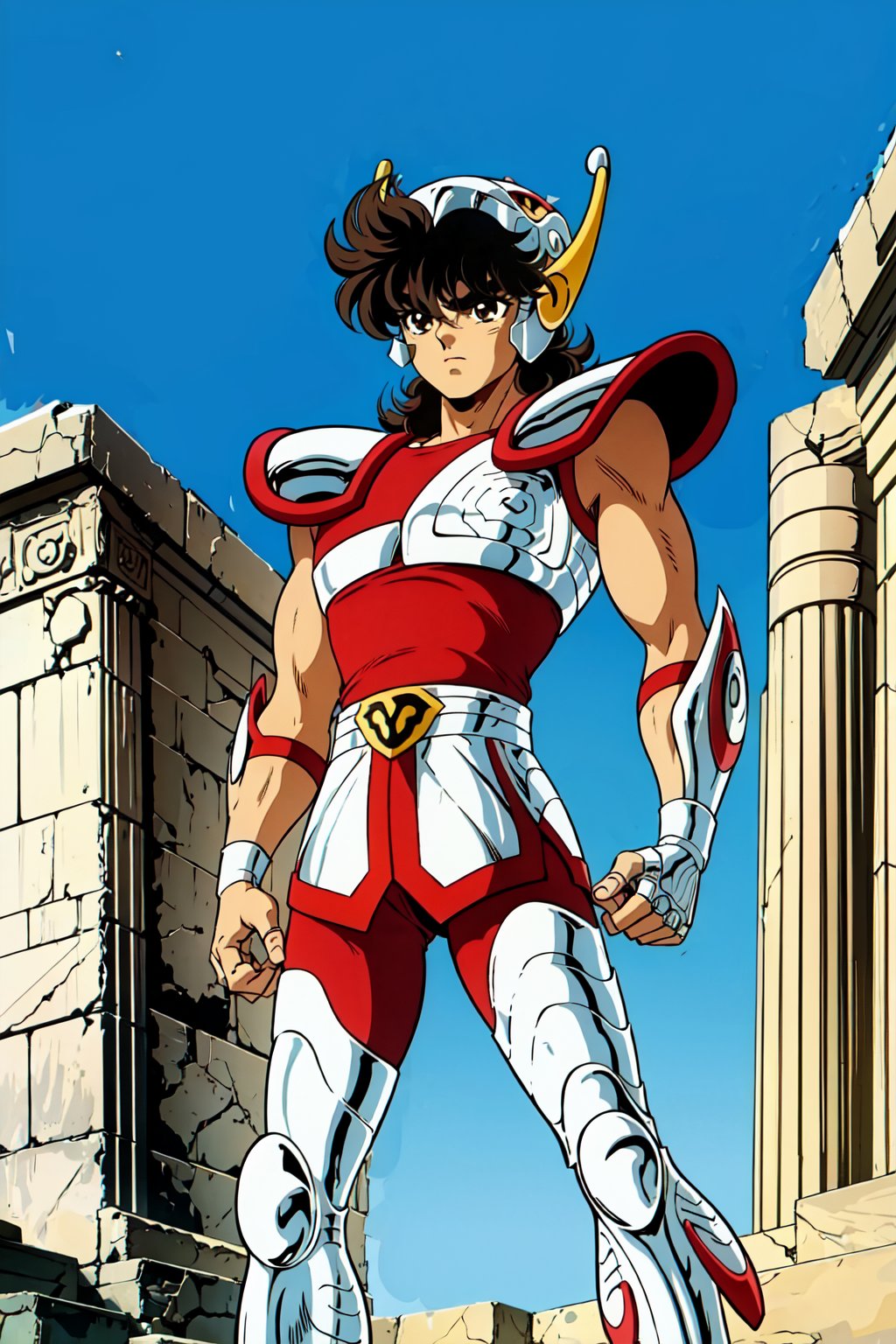 (masterpiece), (best quality), 1boy, Seiya, saint seiya, brown hair, helmet, armor, fingerless_gloves, belt, greek temple background,retro artstyle