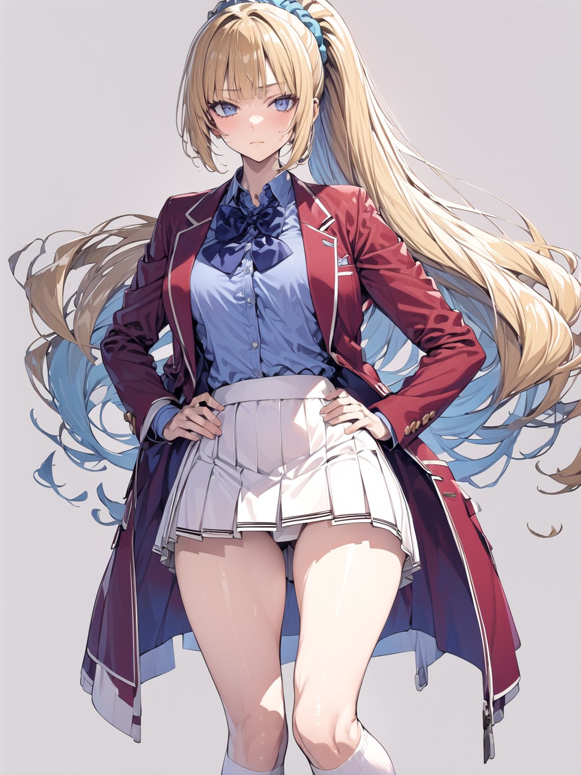 //Quality,
masterpiece, best quality, detailed
,//Character,
1girl, solo,KaruizawaKei, blue eyes, blonde hair, ponytail, hair ornament, bangs, breasts
,//Fashion,
school uniform, red jacket, open jacket, hair scrunchie, bowtie, white skirt, pleated skirt, kneehighs, white socks, shoes, loafers
,//Background,
simple background, grey background
,//Others,
closed mouth, standing, hand on hip