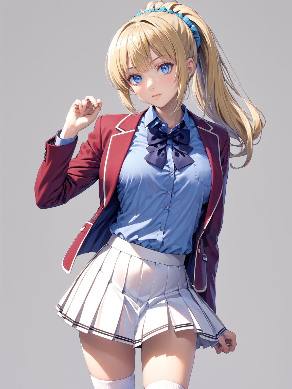 //Quality,
masterpiece, best quality, detailed
,//Character,
1girl, solo,KaruizawaKei, blue eyes, blonde hair, ponytail, bangs, breasts, hair ornament
,//Fashion,
school uniform, red jacket, open jacket, hair scrunchie, bowtie, white skirt, pleated skirt, kneehighs, white socks, shoes
,//Background,
simple_background
,//Others,
standing