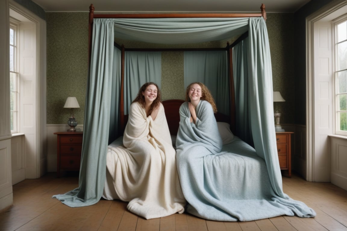 realistic photograph of two young women sitting on a four-poster-bed next to each other, one is under a blanket. They are facing each other and smiling while crying, oblivious to the camera. They are in a William Morris inspired bedroom. It is raining outside.