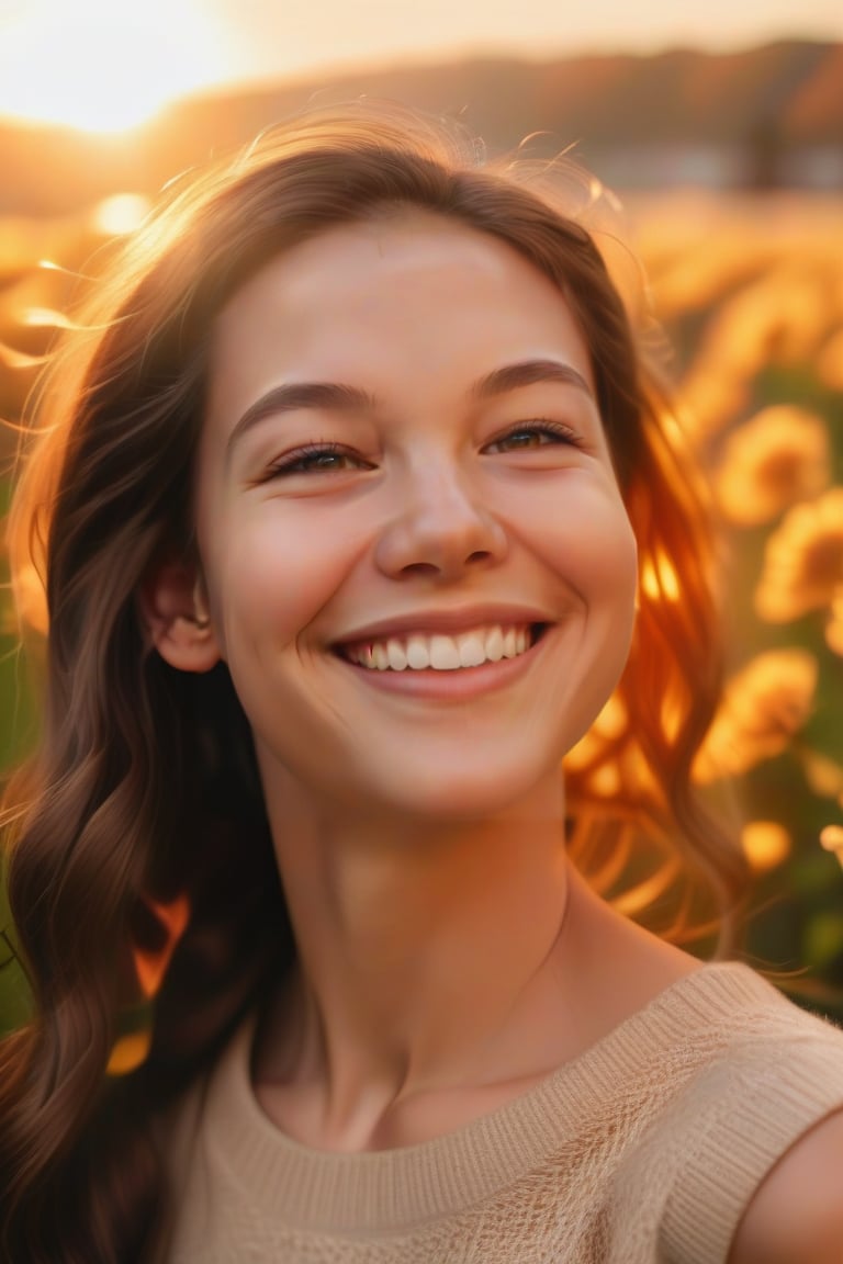 A radiant 21-year-old woman beams with joy in a tight close-up frame, her bright smile engulfing the entire shot as warm golden light illuminates her features from above, emphasizing her youthful energy and carefree spirit.