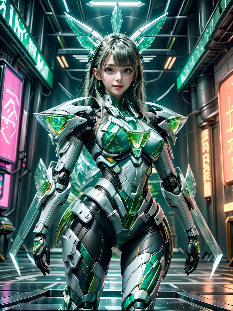 Masterpiece, High quality, 64K, Unity 64K Wallpaper, HDR, Best Quality, RAW, Super Fine Photography, Super High Resolution, Super Detailed, Beautiful and Aesthetic, Stunningly beautiful, Perfect proportions, 
1girl, Solo, White skin, Detailed skin, Realistic skin details, (Bikini Mecha:1.2), (Green Crystal Mecha:1.3), 
Futuristic Mecha, Arms Mecha, Dynamic pose, Battle stance, Swaying hair, by FuturEvoLab, 
Dark City Night, Cyberpunk City, Cyberpunk architecture, Future architecture, Fine architecture, Accurate architectural structure, Detailed complex busy background, Gorgeous, Cherry blossoms,
Sharp focus, Perfect facial features, Pure and pretty, Perfect eyes, Lively eyes, Elegant face, Delicate face, Exquisite face, 