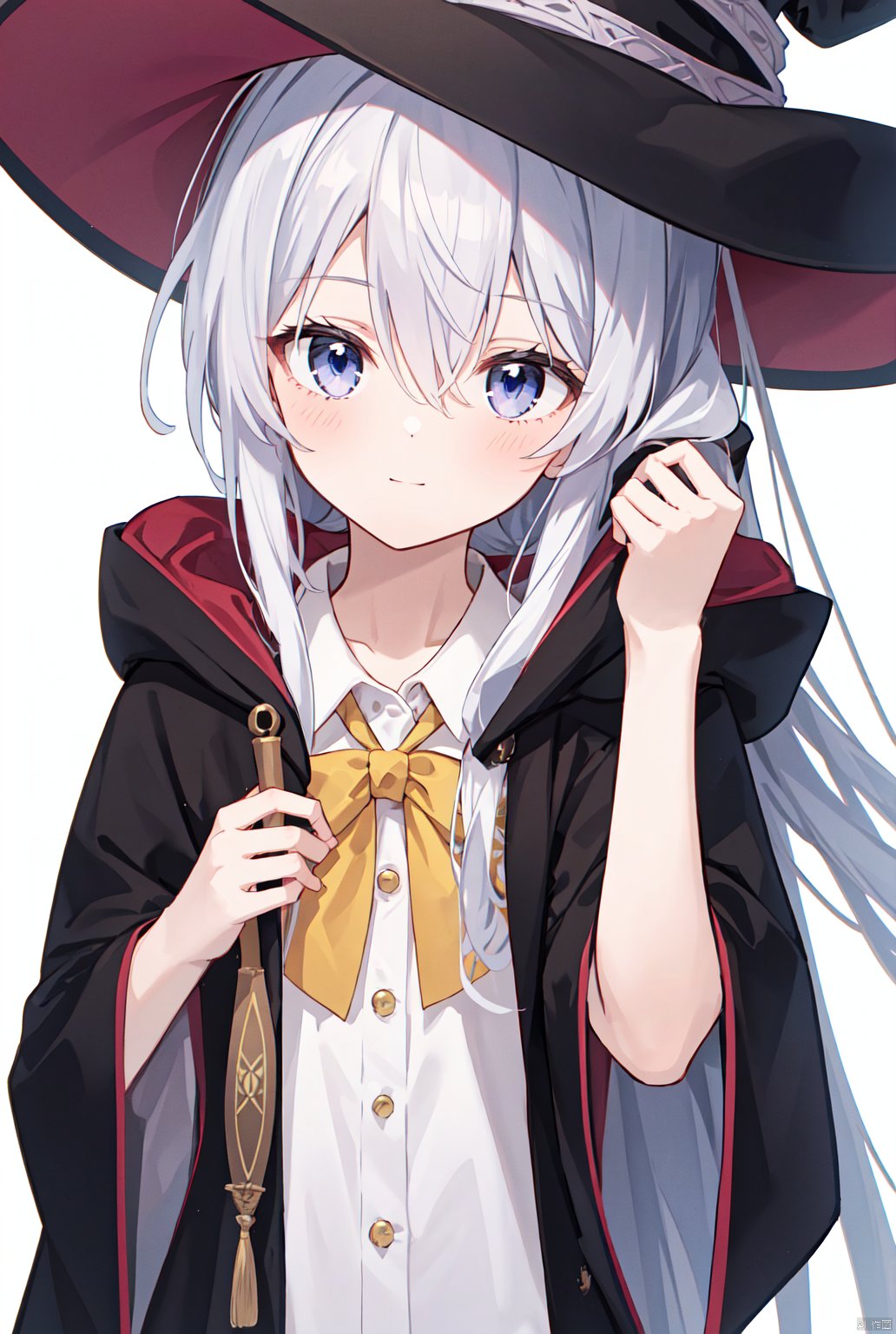  1girl, solo, long hair, looking at viewer, blush, bangs, blue eyes, simple background, shirt, hat, white background, bow, ribbon, hair between eyes, closed mouth, purple eyes, white shirt, upper body, grey hair, open clothes, collared shirt, hood, black headwear, witch hat, robe, witch, black robe, elaina \(majo no tabitabi\)