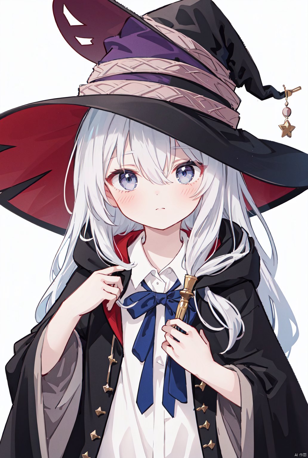 1girl, solo, long hair, looking at viewer, blush, bangs, blue eyes, simple background, shirt, hat, white background, bow, ribbon, hair between eyes, closed mouth, purple eyes, white shirt, upper body, grey hair, open clothes, collared shirt, hood, black headwear, witch hat, robe, witch, black robe, elaina \(majo no tabitabi\)