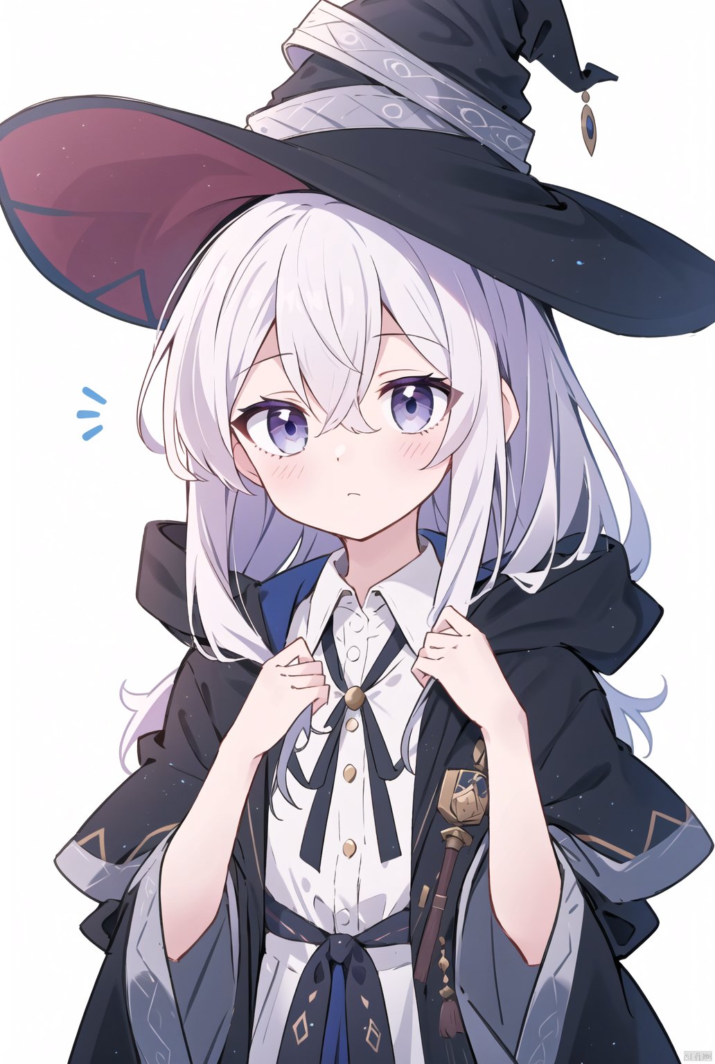 1girl, solo, long hair, looking at viewer, blush, bangs, blue eyes, simple background, shirt, hat, white background, bow, ribbon, hair between eyes, closed mouth, purple eyes, white shirt, upper body, grey hair, open clothes, collared shirt, hood, black headwear, witch hat, robe, witch, black robe, elaina \(majo no tabitabi\)