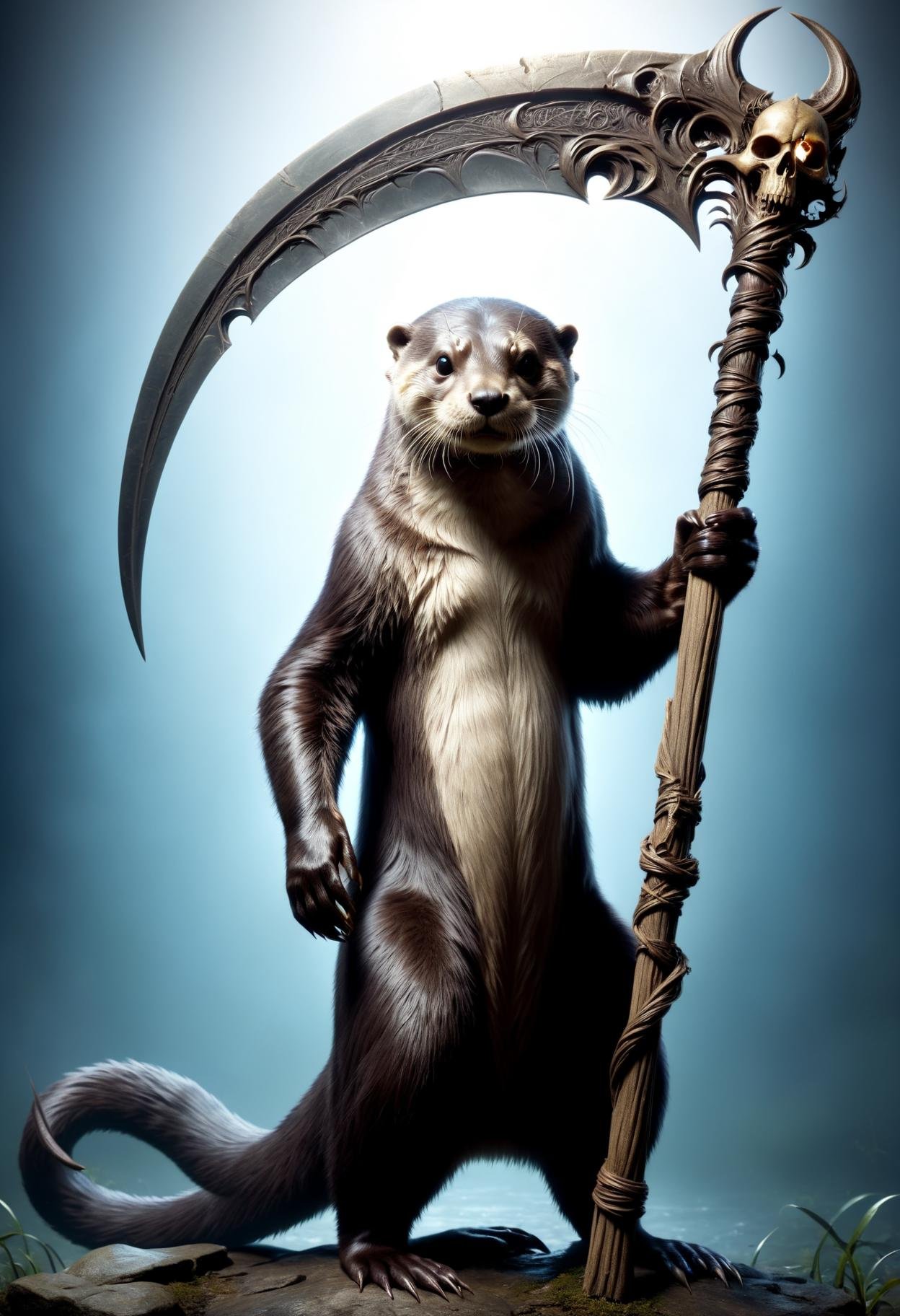 otter  holding a DonM5cy7h3XL scythe, single blade  <lora:DonM5cy7h3XL-v1.1-000006:0.8>