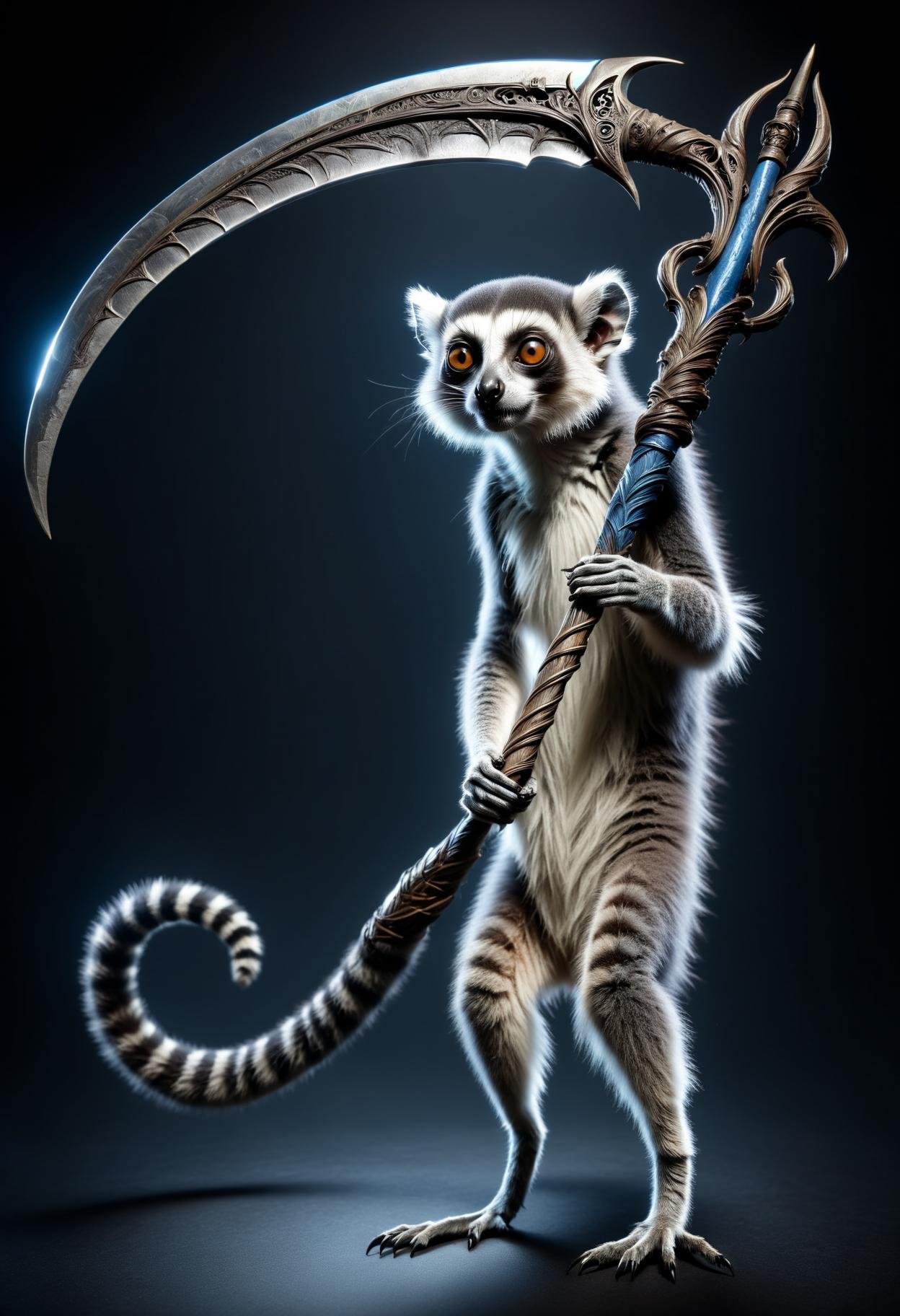 lemur  holding a DonM5cy7h3XL scythe, single blade  <lora:DonM5cy7h3XL-v1.1-000006:0.8>