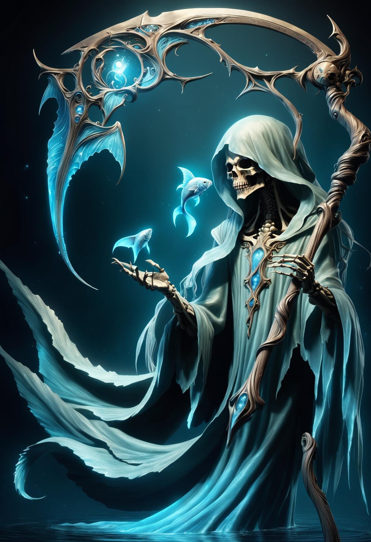 lich, humanoid upper body,fish tail, long flowing hair,   enchanting alluring appearance, aquatic beauty, aquatic hues, singing and enchanting melodic voices, varied, benevolent, classic,hot,kindle,starry,ambivalent  holding a DonM5cy7h3XL scythe, single blade  <lora:DonM5cy7h3XL-v1.1-000006:0.8>
