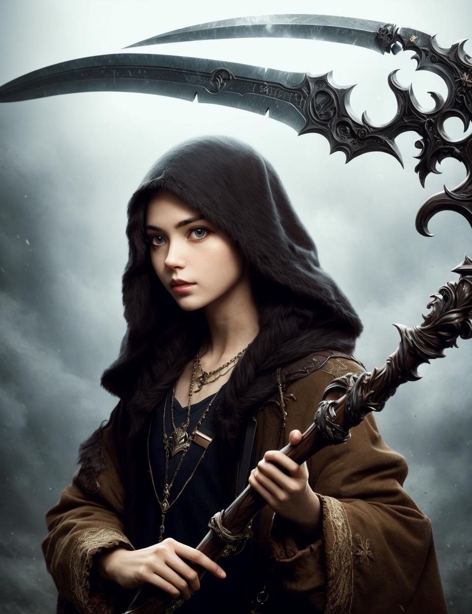 woman holding a DonM5cy7h3 scythe, single blade,<lora:DonM5cy7h3-000006:0.8>