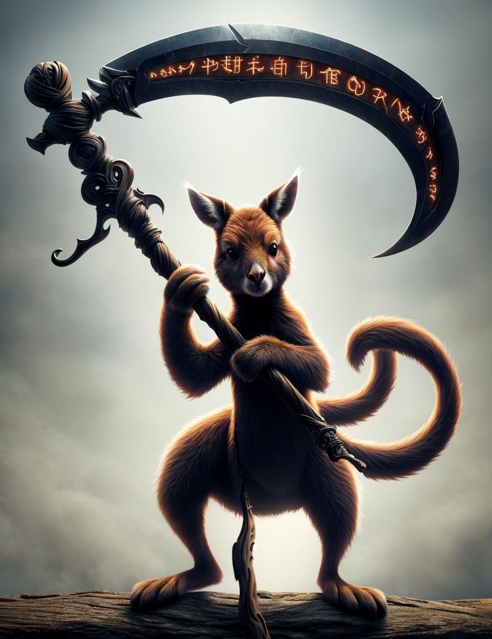 kangaroo holding a DonM5cy7h3 scythe, single blade,<lora:DonM5cy7h3-000006:0.8>