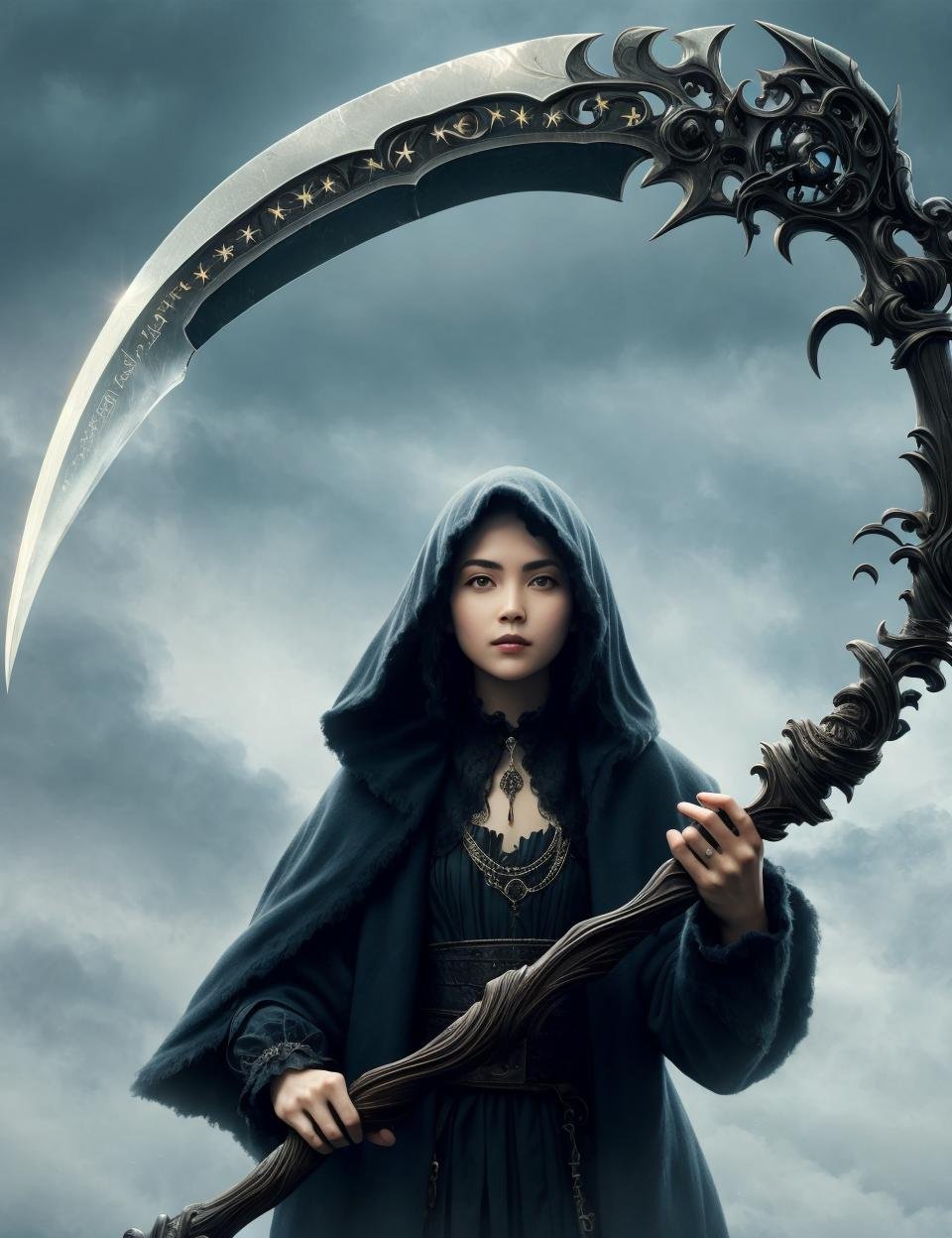 woman holding a DonM5cy7h3 scythe, single blade,<lora:DonM5cy7h3-000006:0.8>