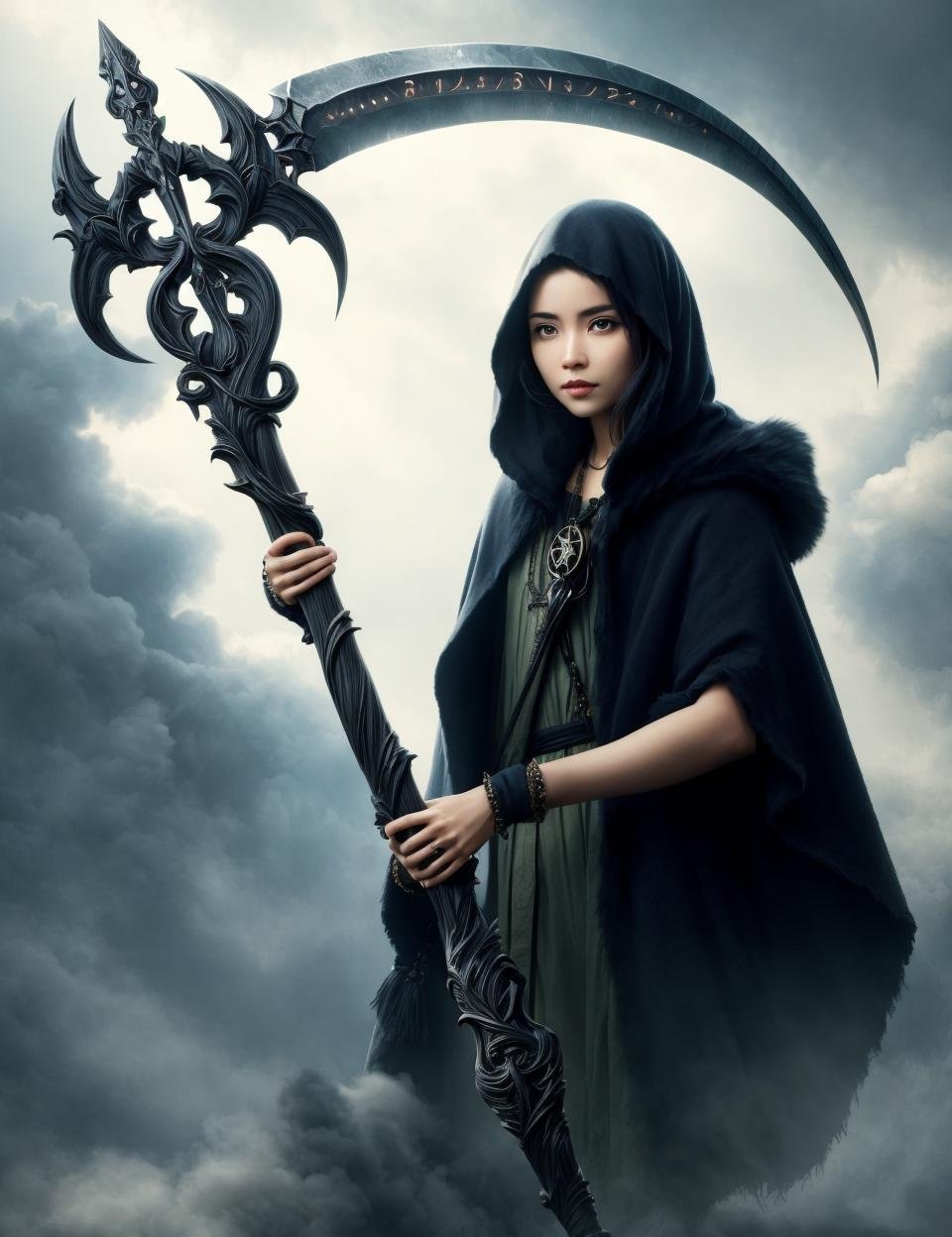 woman holding a DonM5cy7h3 scythe, creascent blade,<lora:DonM5cy7h3-000006:0.8>