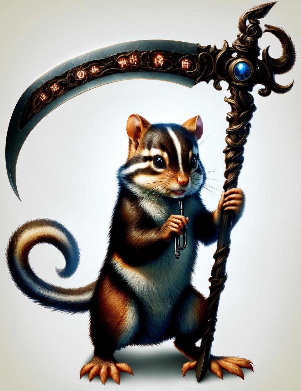 chipmunk holding a DonM5cy7h3 scythe, single blade,<lora:DonM5cy7h3-000006:0.8>