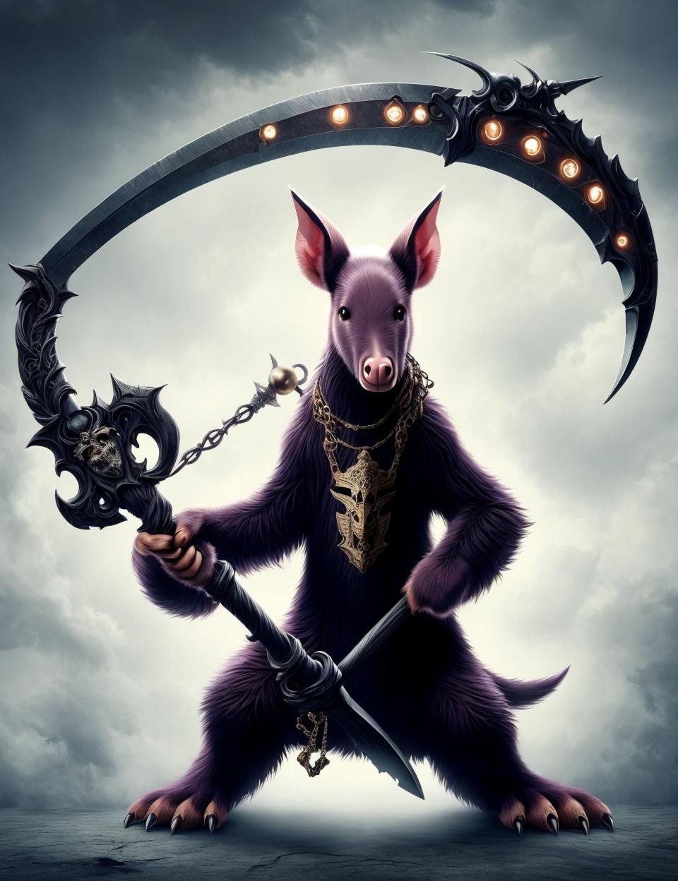 aardvark holding a DonM5cy7h3 scythe, single blade,<lora:DonM5cy7h3-000006:0.8>