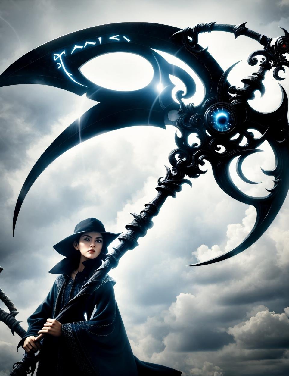 woman holding a DonM5cy7h3 scythe, single blade,<lora:DonM5cy7h3-000006:0.8>