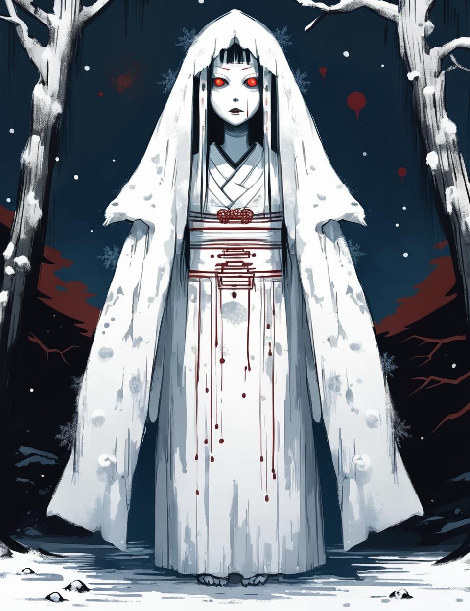 DonMC1rcu17Pl4nXL,2D,sketch,yuki-onna, japanese snow ghost, female, cold ethereal beauty, white kimono, long black hair, pale skin, haunting eyes,  winter, snow, haunting, supernatural, stygical, demonic expression , <lora:DonMC1rcu17Pl4nXL:0.8>