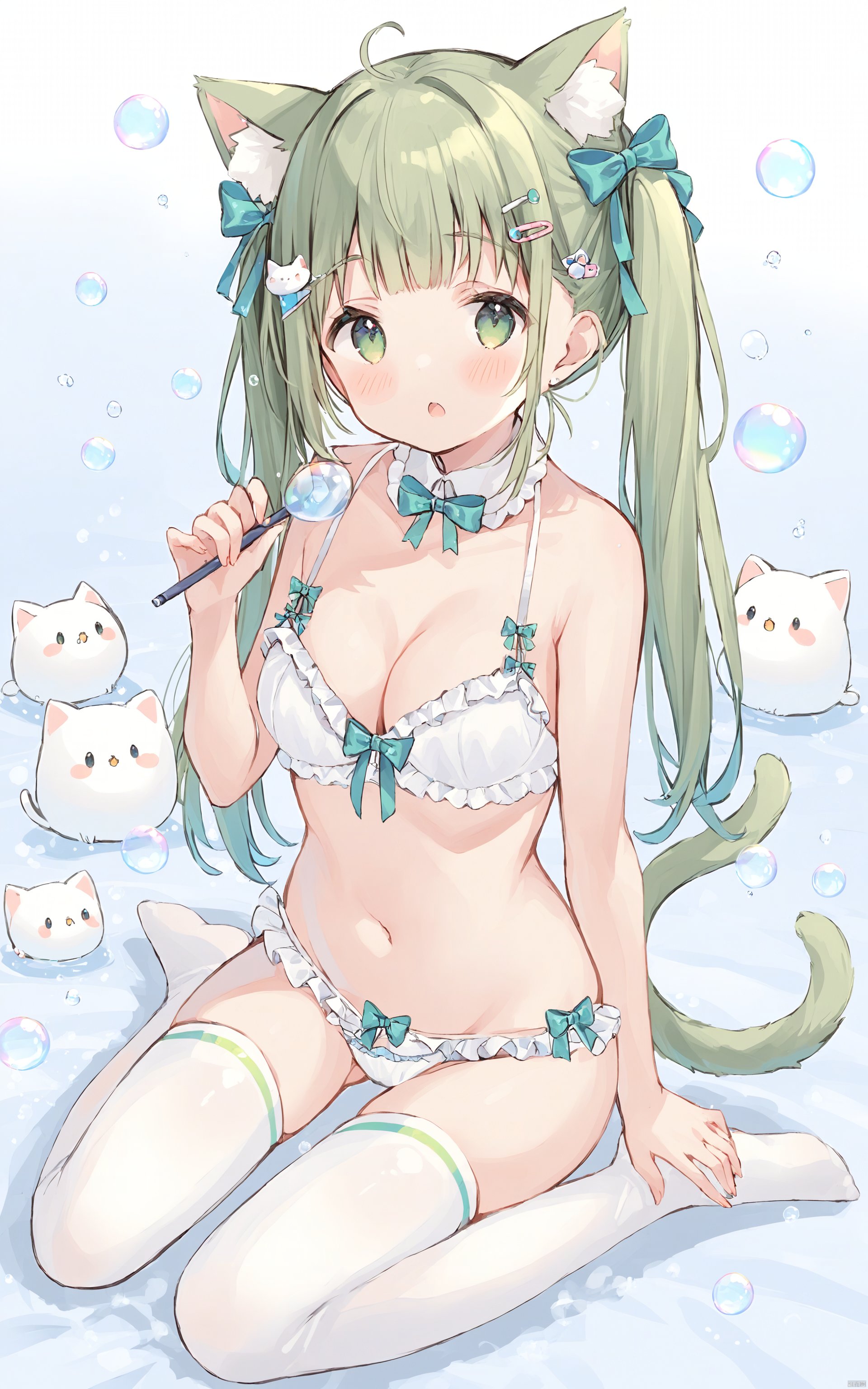  (best quality), ((masterpiece))Thin lines, 1girl, solo, breasts, thighhighs, frills, animal ears, looking at viewer, long hair, white thighhighs, twintails, detached collar, holding, open mouth, wariza, green eyes, navel, hair bow, sitting, cleavage, hair ornament, tail, no shoes, medium breasts, bow, hairclip, bangs, frilled panties, animal ear fluff, stomach, blush, :o, bra, underwear, bare shoulders, cat ears, panties, frilled bra, bare arms, bubble