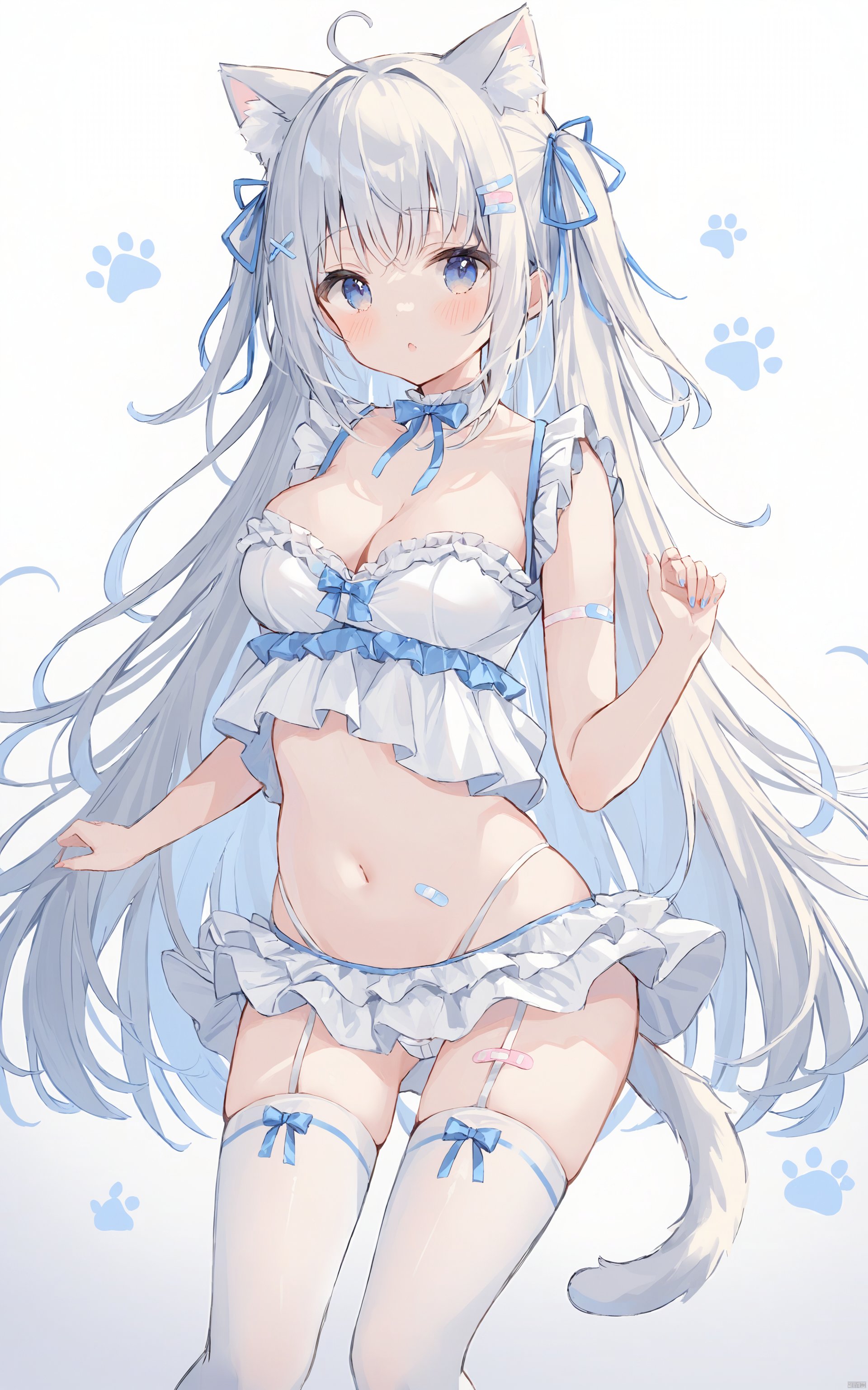  (best quality), ((masterpiece))Thin lines, 1girl, solo, animal ears, frills, tail, long hair, cat ears, cat tail, bandaid, breasts, looking at viewer, cat girl, navel, blue eyes, animal ear fluff, thighhighs, single thighhigh, blush, bangs, very long hair, white thighhighs, cleavage, stomach, white background, cowboy shot