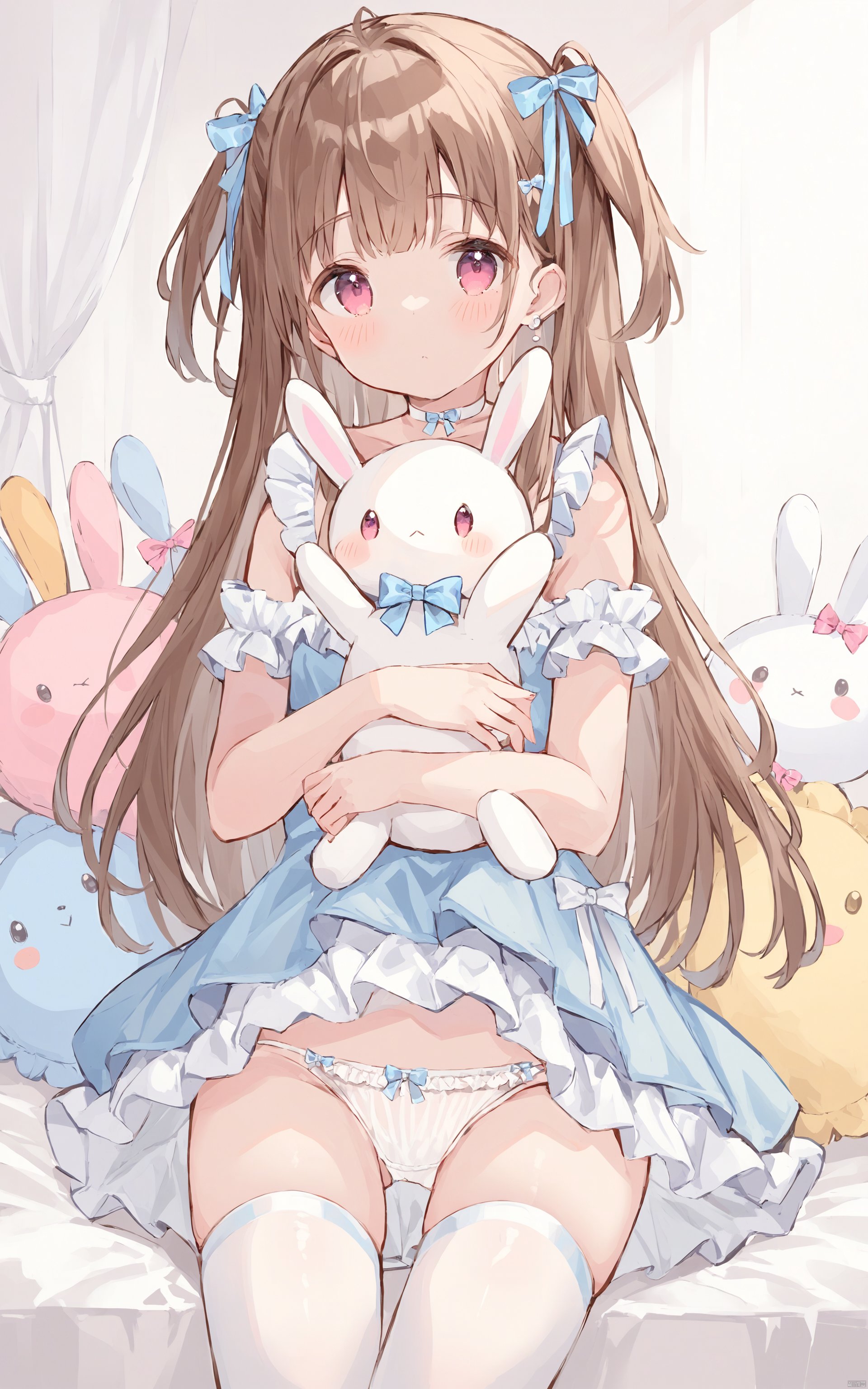  (best quality), ((masterpiece))Thin lines, 1girl, solo, stuffed toy, stuffed animal, thighhighs, underwear, white thighhighs, panties, looking at viewer, two side up, frills, stuffed bunny, long hair, holding stuffed toy, white choker, choker, brown hair, blush, white panties, bangs, ribbon, closed mouth, bow, multicolored hair, pink eyes