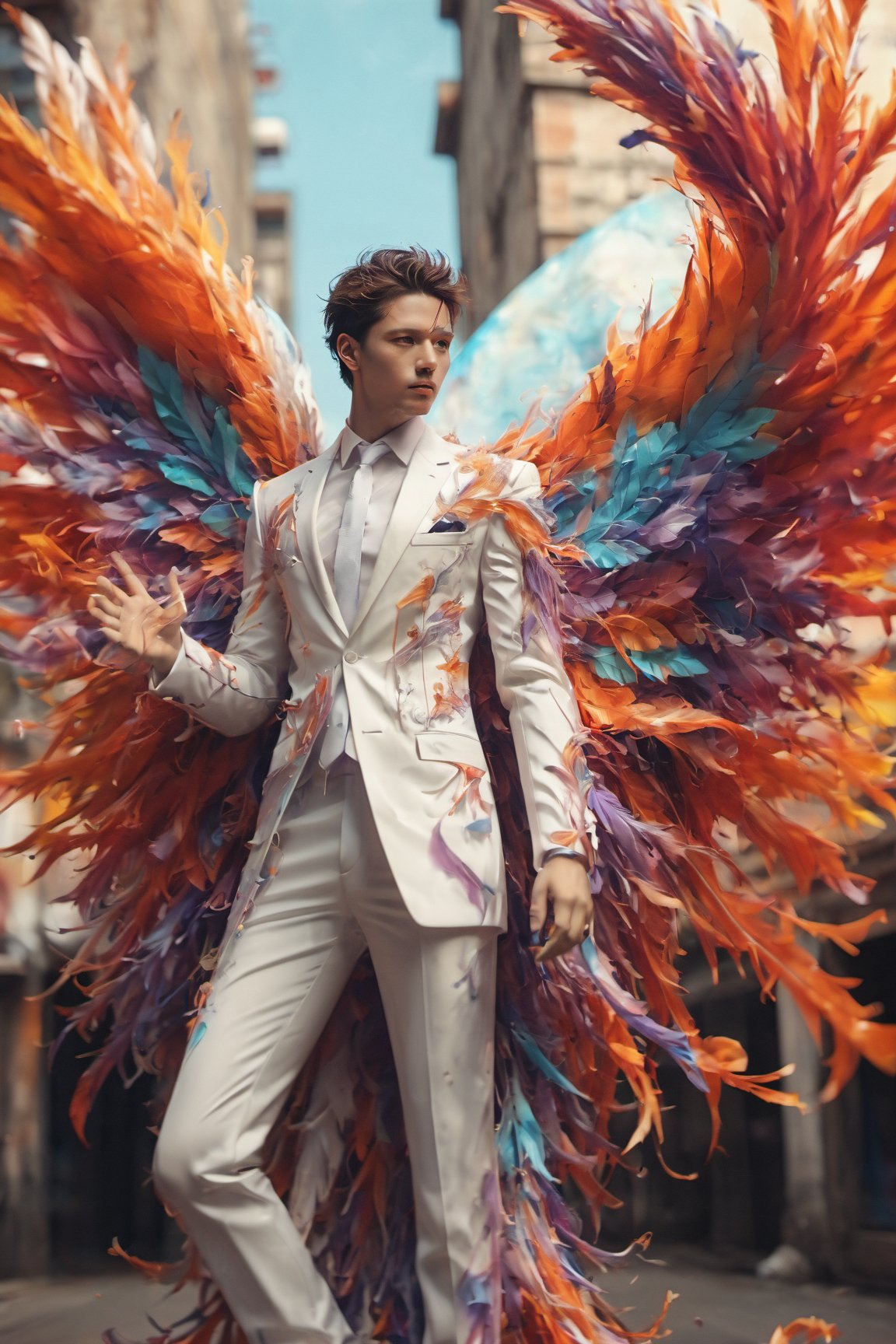 Create an image of a young man wearing a suit, featuring vibrant, white wings extending from his back. Random movement The background should be plain white, emphasizing the contrast and detailing of the beauty wings and the sharpness of the suit. The man should appear poised and elegant, with the wings unfurled to showcase a spectrum of vivid hues, blending seamlessly from one color to another. The focus should be on the meticulous details of the wings’ feathers and the suit’s fabric, capturing a harmonious blend of natural and refined elements, wings,Stylish, close up,l3min,xxmixgirl,fire element,wings