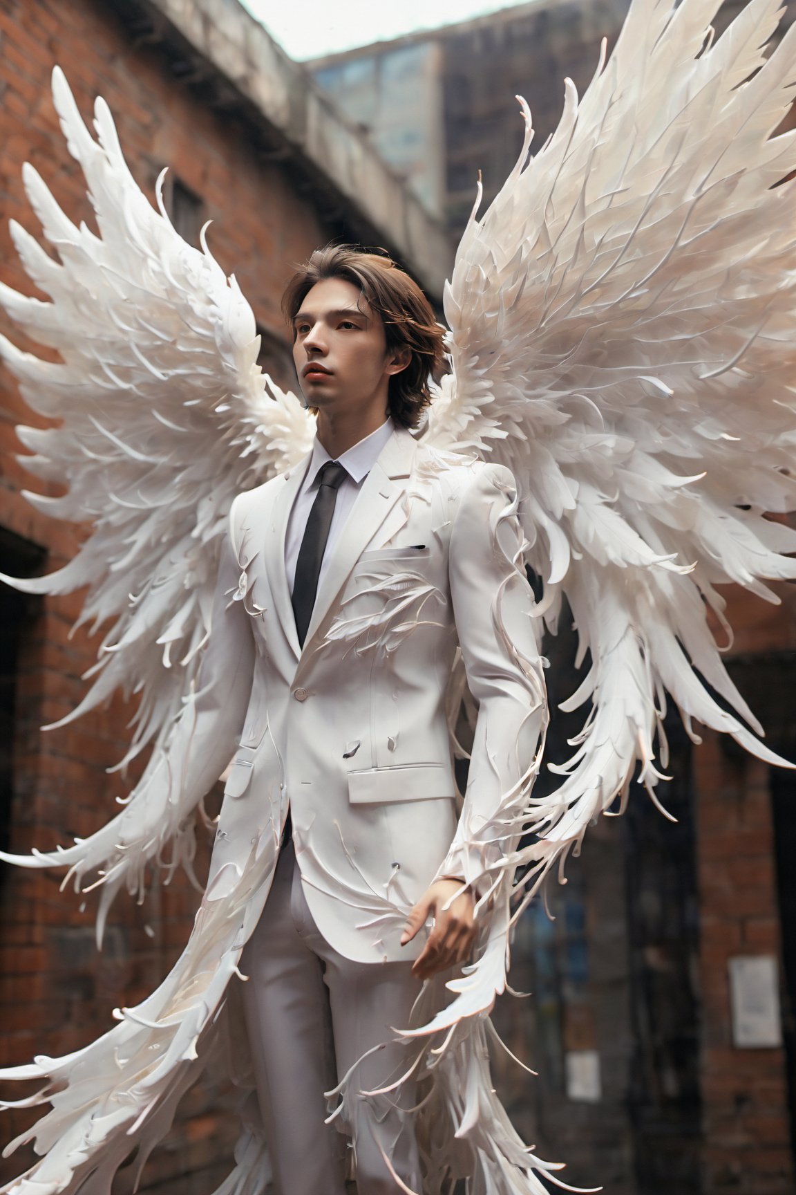 Create an image of a young man wearing a suit, featuring vibrant, white wings extending from his back. Random movement The background should be plain white, emphasizing the contrast and detailing of the beauty wings and the sharpness of the suit. The man should appear poised and elegant, with the wings unfurled to showcase a spectrum of vivid hues, blending seamlessly from one color to another. The focus should be on the meticulous details of the wings’ feathers and the suit’s fabric, capturing a harmonious blend of natural and refined elements, wings,Stylish, close up,l3min,xxmixgirl,fire element,wings,ice and water,composed of elements of thunder,thunder,electricity