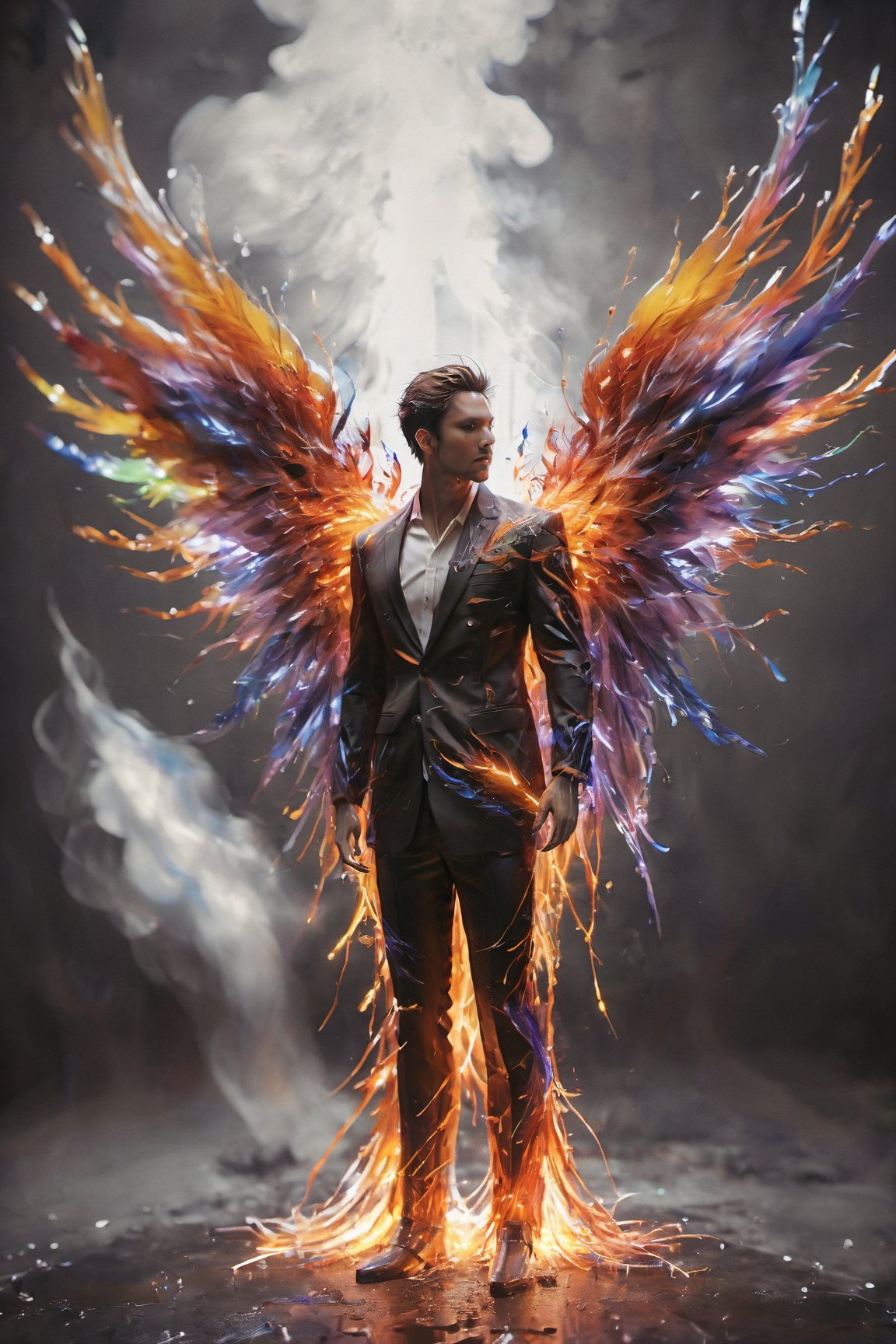 Create an image of a young man wearing a suit, featuring vibrant, thunder wings extending from his back. Random movement The background should be plain white, emphasizing the contrast and detailing of the beauty wings and the sharpness of the suit. The man should appear poised and elegant, with the wings unfurled to showcase a spectrum of vivid hues, blending seamlessly from one color to another. The focus should be on the meticulous details of the wings’ feathers and the suit’s fabric, capturing a harmonious blend of natural and refined elements, wings,Stylish, close up,l3min,xxmixgirl,fire element,wings,ice and water,composed of elements of thunder,thunder,electricity