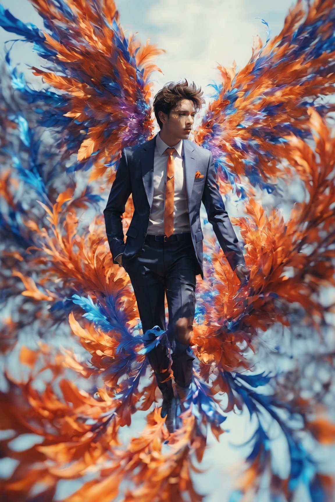 Create an image of a young man wearing a suit, featuring vibrant, blue wings extending from his back. Random movement The background should be plain white, emphasizing the contrast and detailing of the beauty wings and the sharpness of the suit. The man should appear poised and elegant, with the wings unfurled to showcase a spectrum of vivid hues, blending seamlessly from one color to another. The focus should be on the meticulous details of the wings’ feathers and the suit’s fabric, capturing a harmonious blend of natural and refined elements, wings,Stylish, close up,l3min,xxmixgirl,fire element,wings