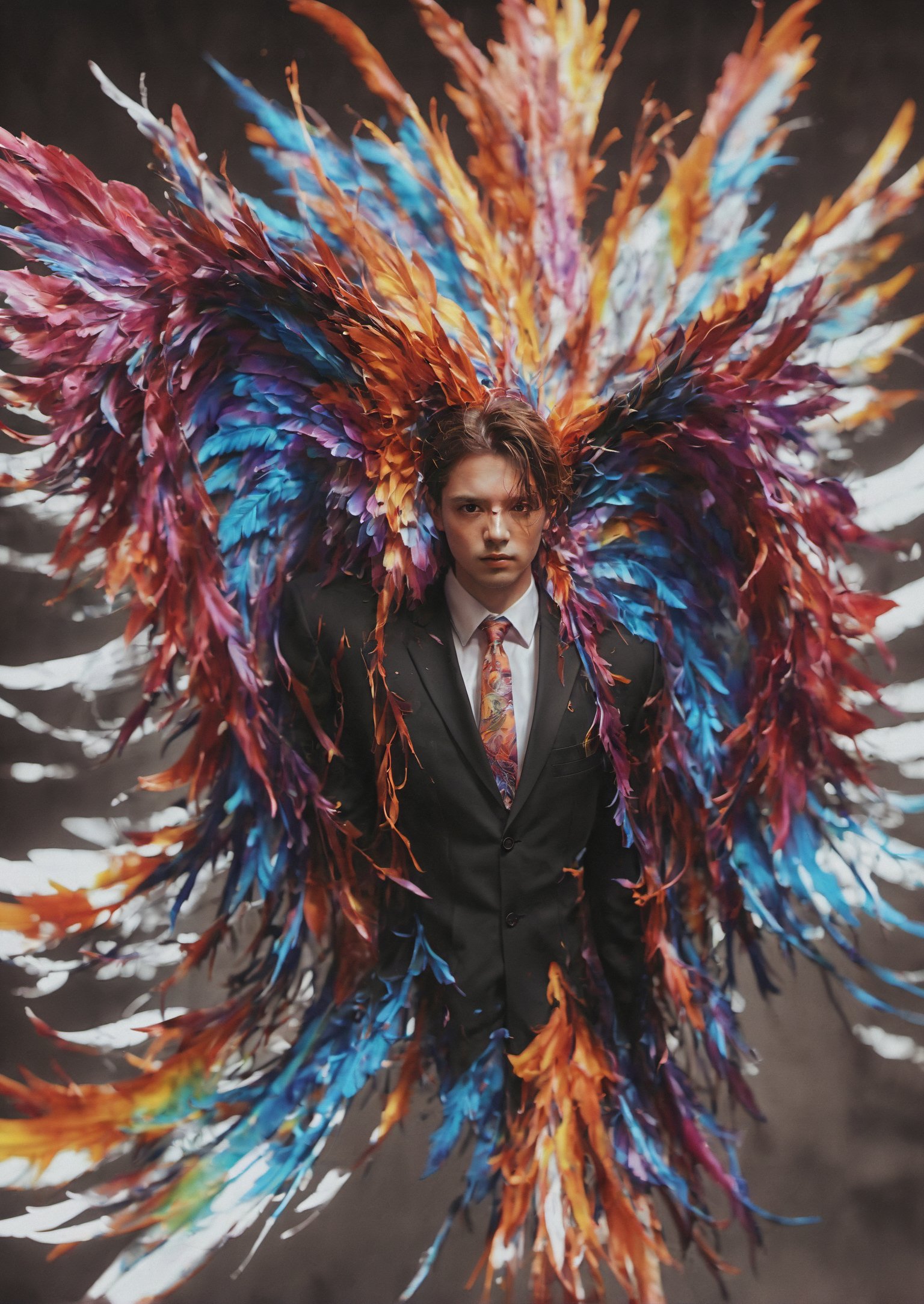 Create an image of a young man wearing a suit, featuring vibrant, dark  wings extending from his back. Random movement The background should be plain white, emphasizing the contrast and detailing of the beauty wings and the sharpness of the suit. The man should appear poised and elegant, with the wings unfurled to showcase a spectrum of vivid hues, blending seamlessly from one color to another. The focus should be on the meticulous details of the wings’ feathers and the suit’s fabric, capturing a harmonious blend of natural and refined elements, wings,Stylish, close up,l3min,xxmixgirl,fire element,wings