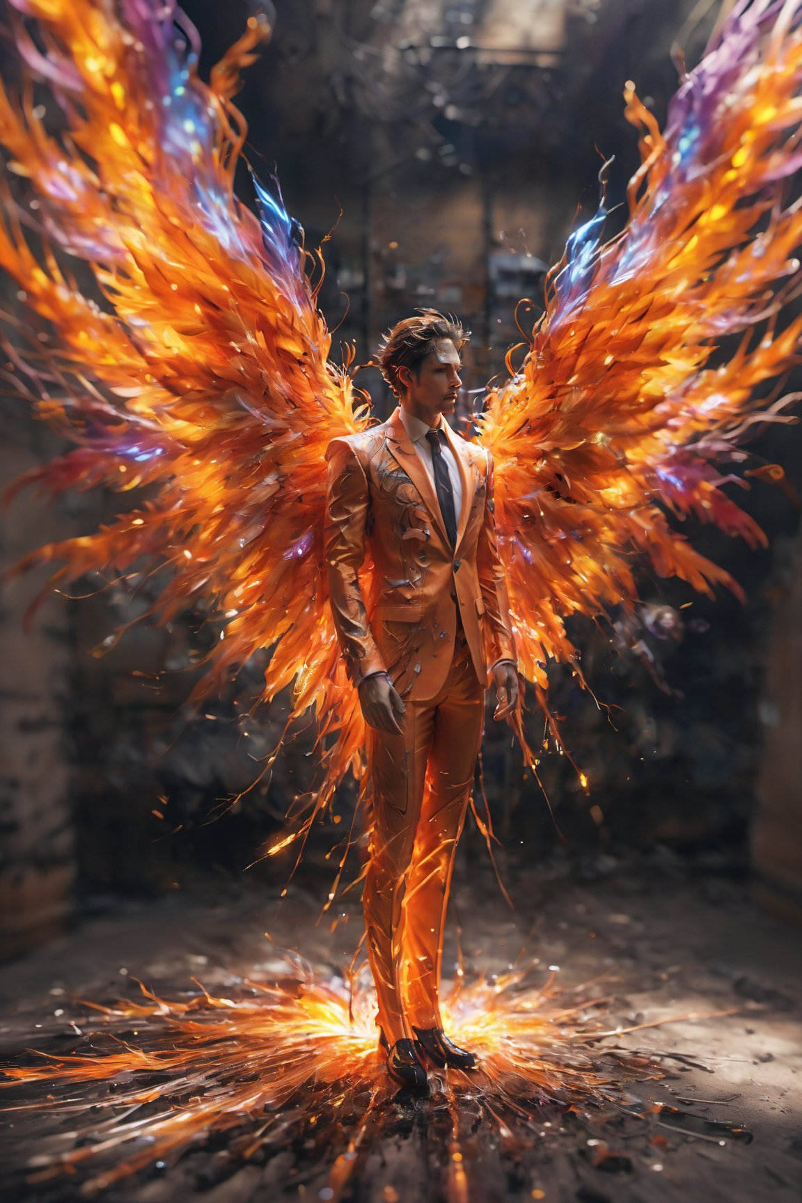 Create an image of a young man wearing a suit, featuring vibrant, thunder wings extending from his back. Random movement The background should be plain white, emphasizing the contrast and detailing of the beauty wings and the sharpness of the suit. The man should appear poised and elegant, with the wings unfurled to showcase a spectrum of vivid hues, blending seamlessly from one color to another. The focus should be on the meticulous details of the wings’ feathers and the suit’s fabric, capturing a harmonious blend of natural and refined elements, wings,Stylish, close up,l3min,xxmixgirl,fire element,wings,ice and water,composed of elements of thunder,thunder,electricity