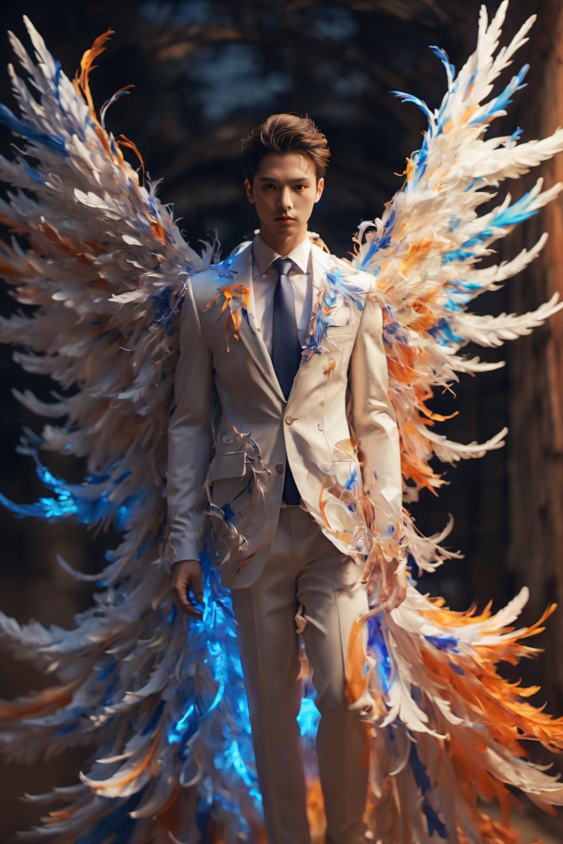 Create an image of a young man wearing a suit, featuring vibrant, blue wings extending from his back. Random movement The background should be plain white, emphasizing the contrast and detailing of the beauty wings and the sharpness of the suit. The man should appear poised and elegant, with the wings unfurled to showcase a spectrum of vivid hues, blending seamlessly from one color to another. The focus should be on the meticulous details of the wings’ feathers and the suit’s fabric, capturing a harmonious blend of natural and refined elements, wings,Stylish, close up,l3min,xxmixgirl,fire element,wings