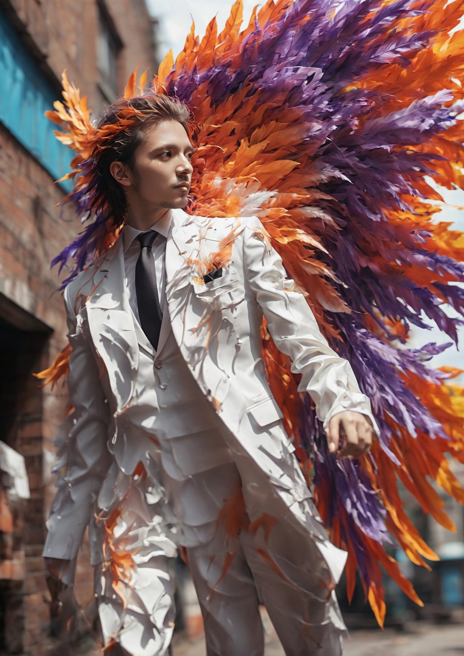 Create an image of a young man wearing a suit, featuring vibrant, dark  wings extending from his back. Random movement The background should be plain white, emphasizing the contrast and detailing of the beauty wings and the sharpness of the suit. The man should appear poised and elegant, with the wings unfurled to showcase a spectrum of vivid hues, blending seamlessly from one color to another. The focus should be on the meticulous details of the wings’ feathers and the suit’s fabric, capturing a harmonious blend of natural and refined elements, wings,Stylish, close up,l3min,xxmixgirl,fire element,wings