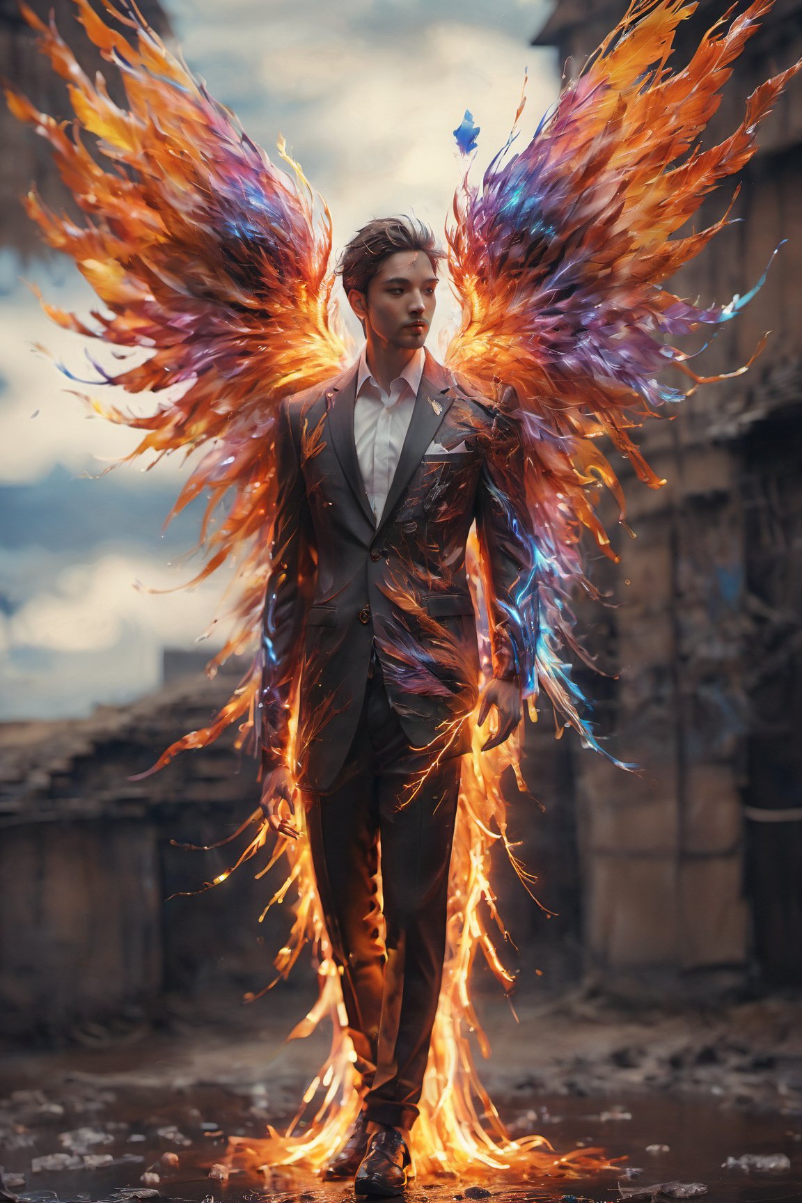 Create an image of a young man wearing a suit, featuring vibrant, thunder wings extending from his back. Random movement The background should be plain white, emphasizing the contrast and detailing of the beauty wings and the sharpness of the suit. The man should appear poised and elegant, with the wings unfurled to showcase a spectrum of vivid hues, blending seamlessly from one color to another. The focus should be on the meticulous details of the wings’ feathers and the suit’s fabric, capturing a harmonious blend of natural and refined elements, wings,Stylish, close up,l3min,xxmixgirl,fire element,wings,ice and water,composed of elements of thunder,thunder,electricity