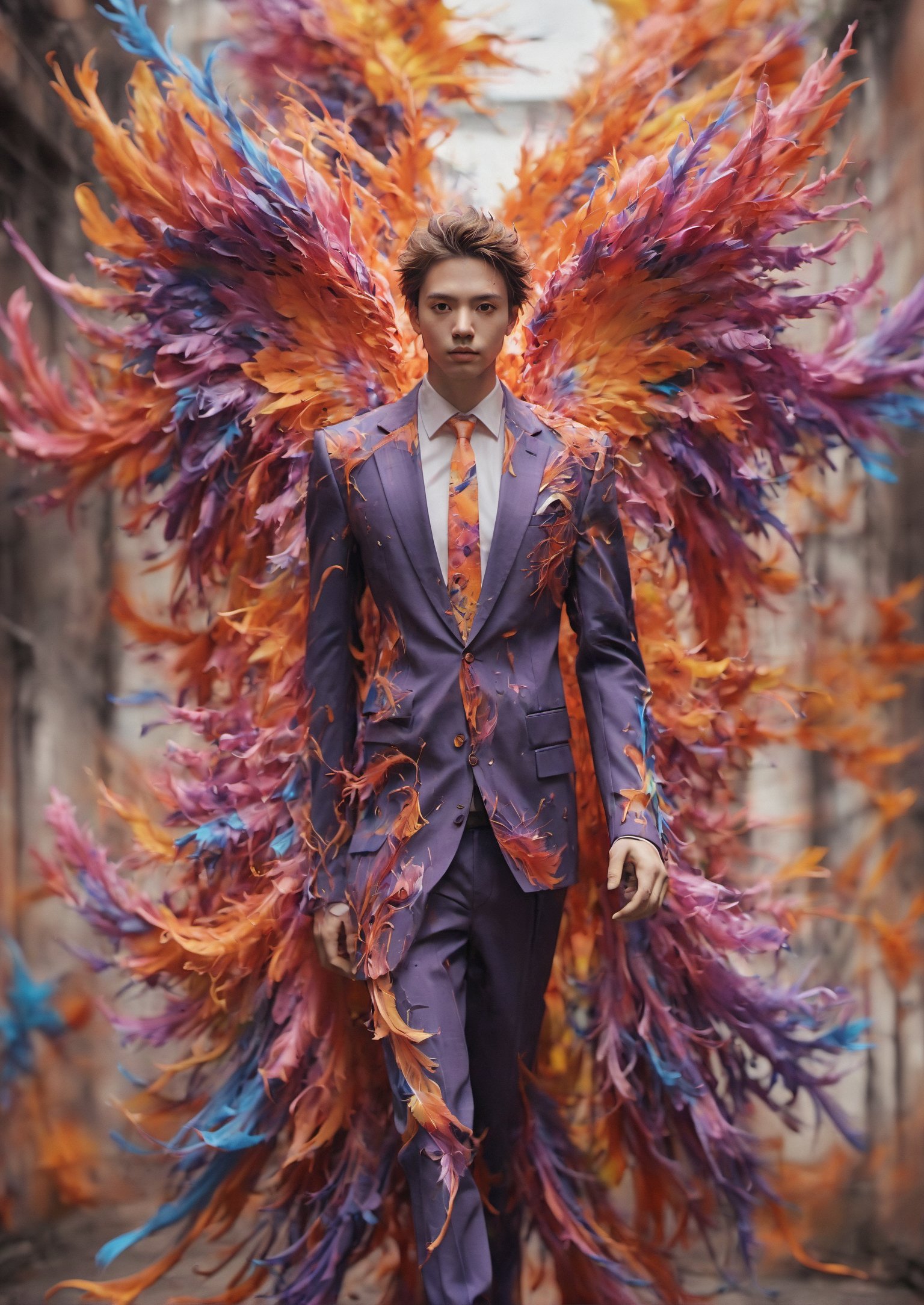 Create an image of a young man wearing a suit, featuring vibrant, random color  wings extending from his back. Random movement The background should be plain white, emphasizing the contrast and detailing of the beauty wings and the sharpness of the suit. The man should appear poised and elegant, with the wings unfurled to showcase a spectrum of vivid hues, blending seamlessly from one color to another. The focus should be on the meticulous details of the wings’ feathers and the suit’s fabric, capturing a harmonious blend of natural and refined elements, wings,Stylish, close up,l3min,xxmixgirl,fire element,wings