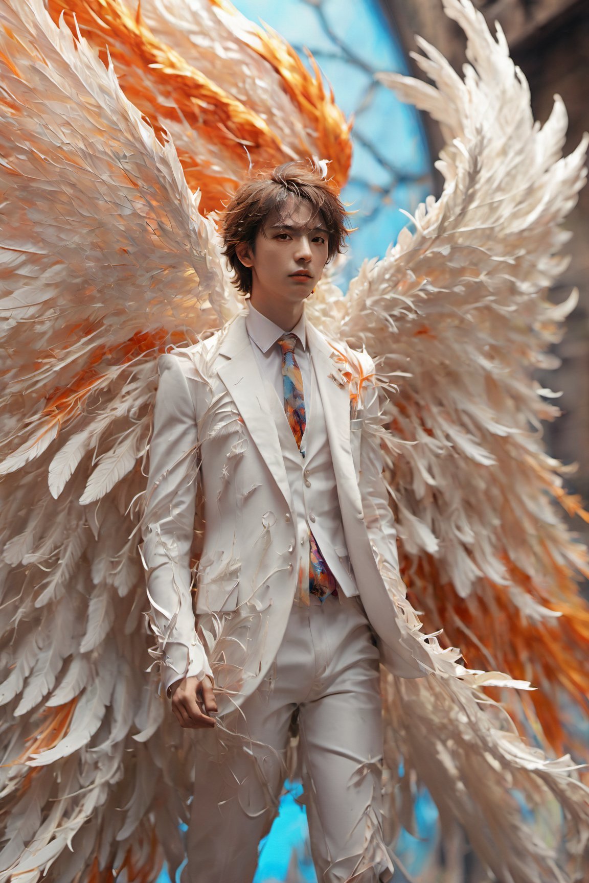 Create an image of a young man wearing a suit, featuring vibrant, white wings extending from his back. Random movement The background should be plain white, emphasizing the contrast and detailing of the beauty wings and the sharpness of the suit. The man should appear poised and elegant, with the wings unfurled to showcase a spectrum of vivid hues, blending seamlessly from one color to another. The focus should be on the meticulous details of the wings’ feathers and the suit’s fabric, capturing a harmonious blend of natural and refined elements, wings,Stylish, close up,l3min,xxmixgirl,fire element,wings,ice and water