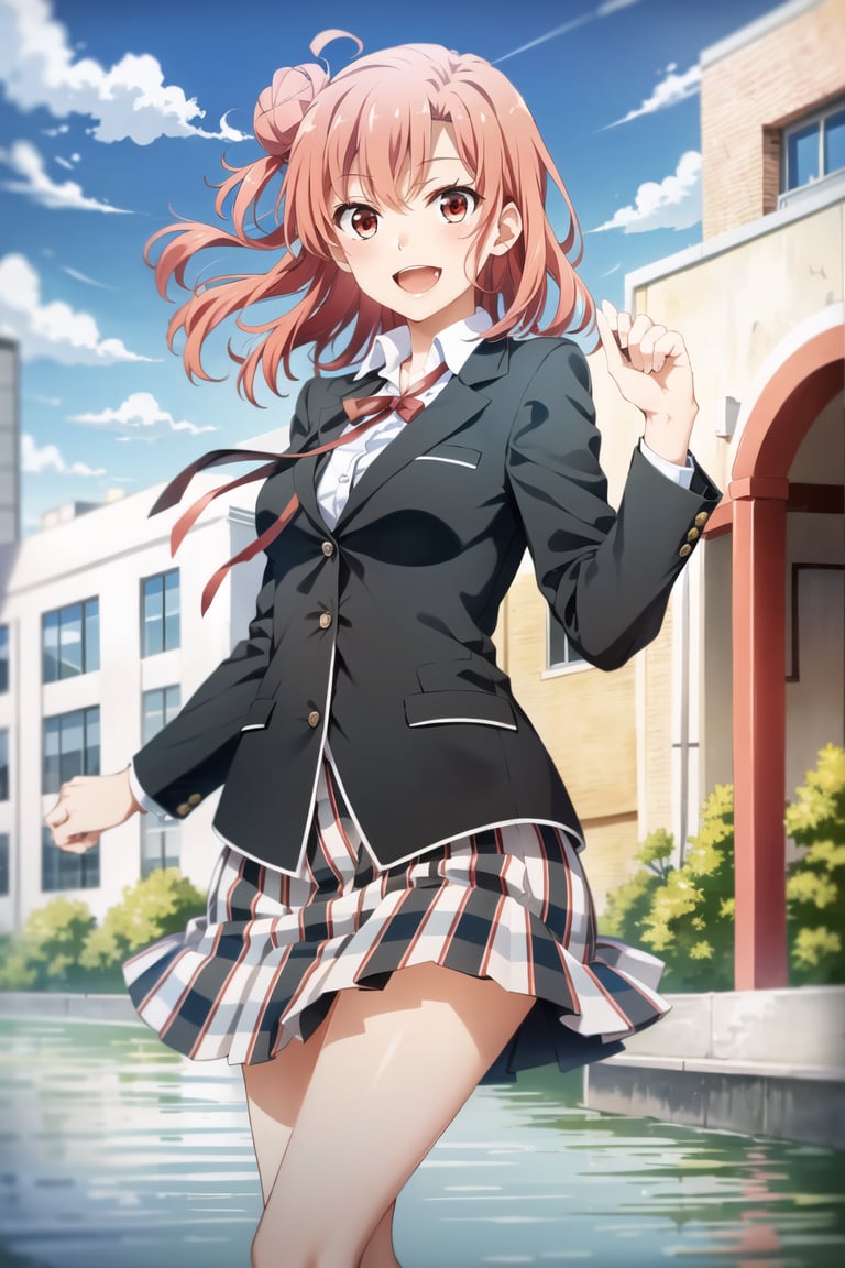 Masterpiece,Best  Quality, High Quality,  (Sharp Picture Quality), Brown hair, short hair,single hair bun,uniform, black jacket, red ribbon,school uniform,collared shirt, plaid skirt,skirt that flips up, single hair bun,River roads, strong winds, best smiles,bule sky