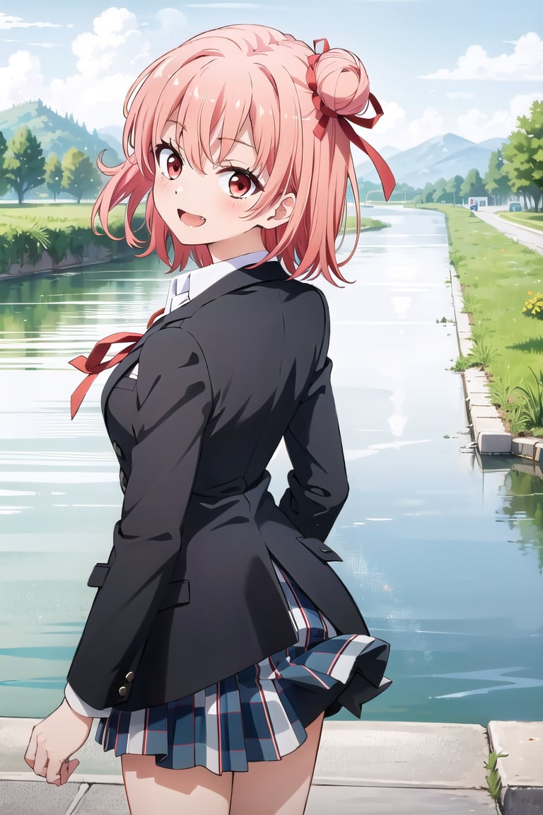 Masterpiece,Best  Quality, High Quality,  (Sharp Picture Quality), Brown hair, short hair,uniform, black jacket, red ribbon,school uniform,collared shirt, plaid skirt,skirt that flips up, single hair bun,River roads, strong winds, best smiles,back