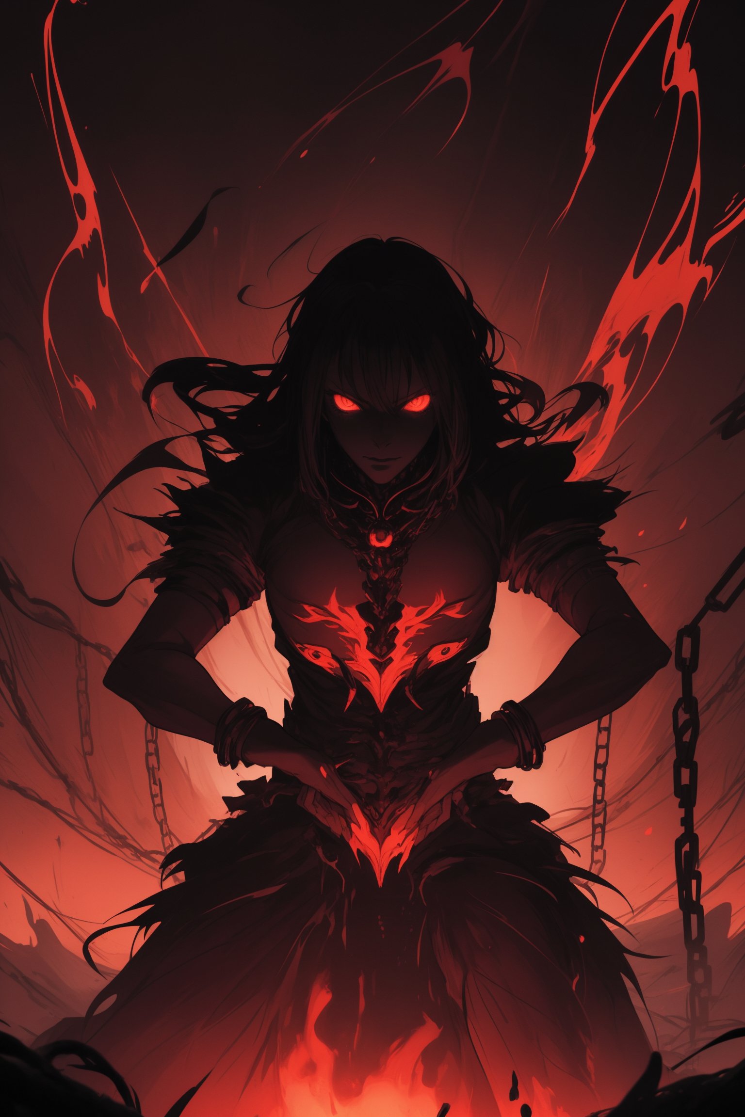 (Anime-style:1.3),  (Dark and intense:1.2),  A striking anime character,  shrouded in shadows and poised for battle,  stands against a deep crimson background adorned with menacing chains. Glowing red hollow fire particles dance around the scene,  creating an otherworldly ambiance. The unique pastel look adds an ethereal touch to this dramatic and visually intense composition