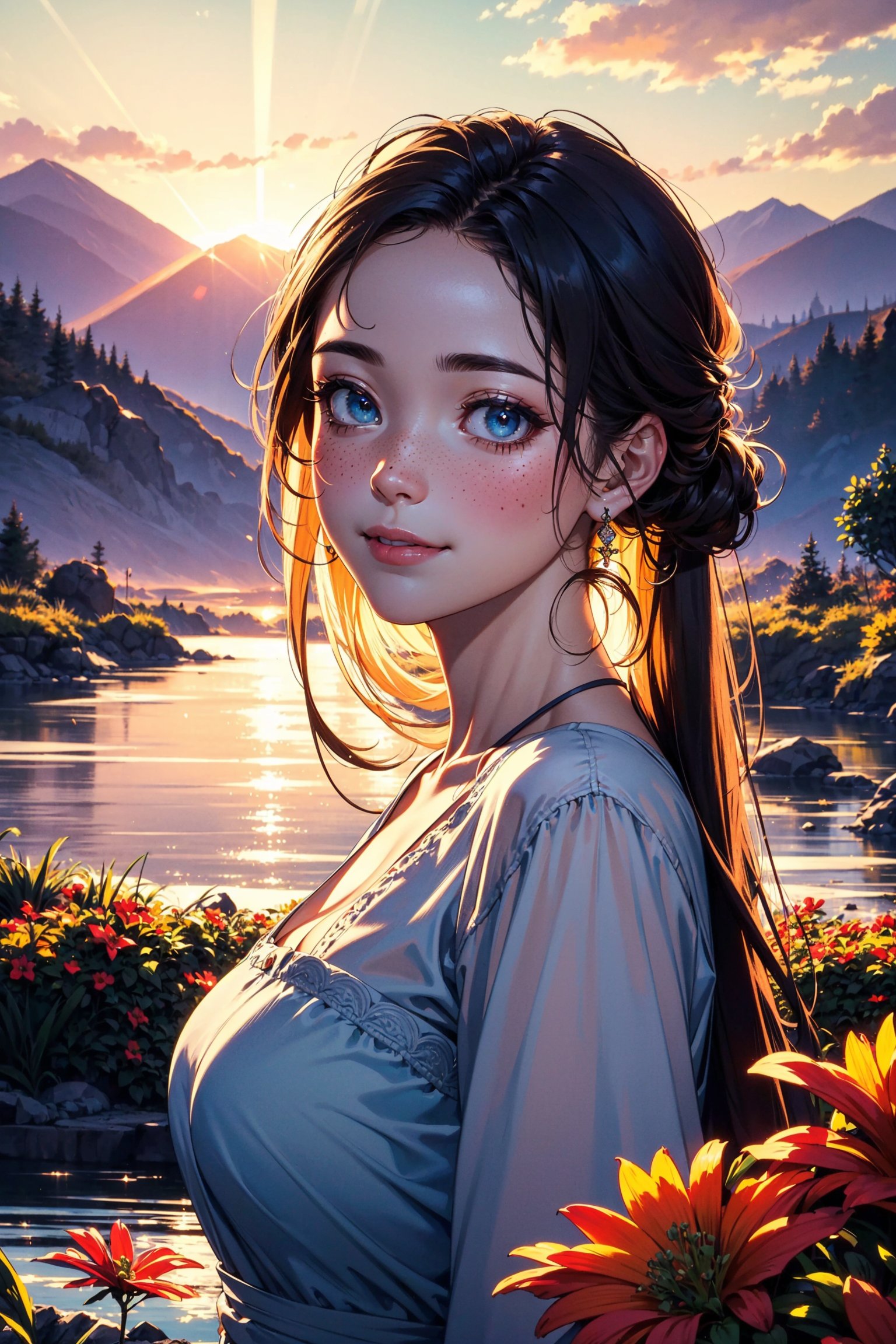 (best quality,8k,highres,masterpiece:1.2), woman in nature, cute smile,dramatic lighting,finely detailed beautiful eyes,fine detailed skin,Natural scenery,majestic landscape,colorful flowers,distant mountains,flowing rivers,melting sunset,serene atmosphere,dazzling sunlight,blissful vibes,freckled face,luscious greenery,soft breeze,ethereal beauty