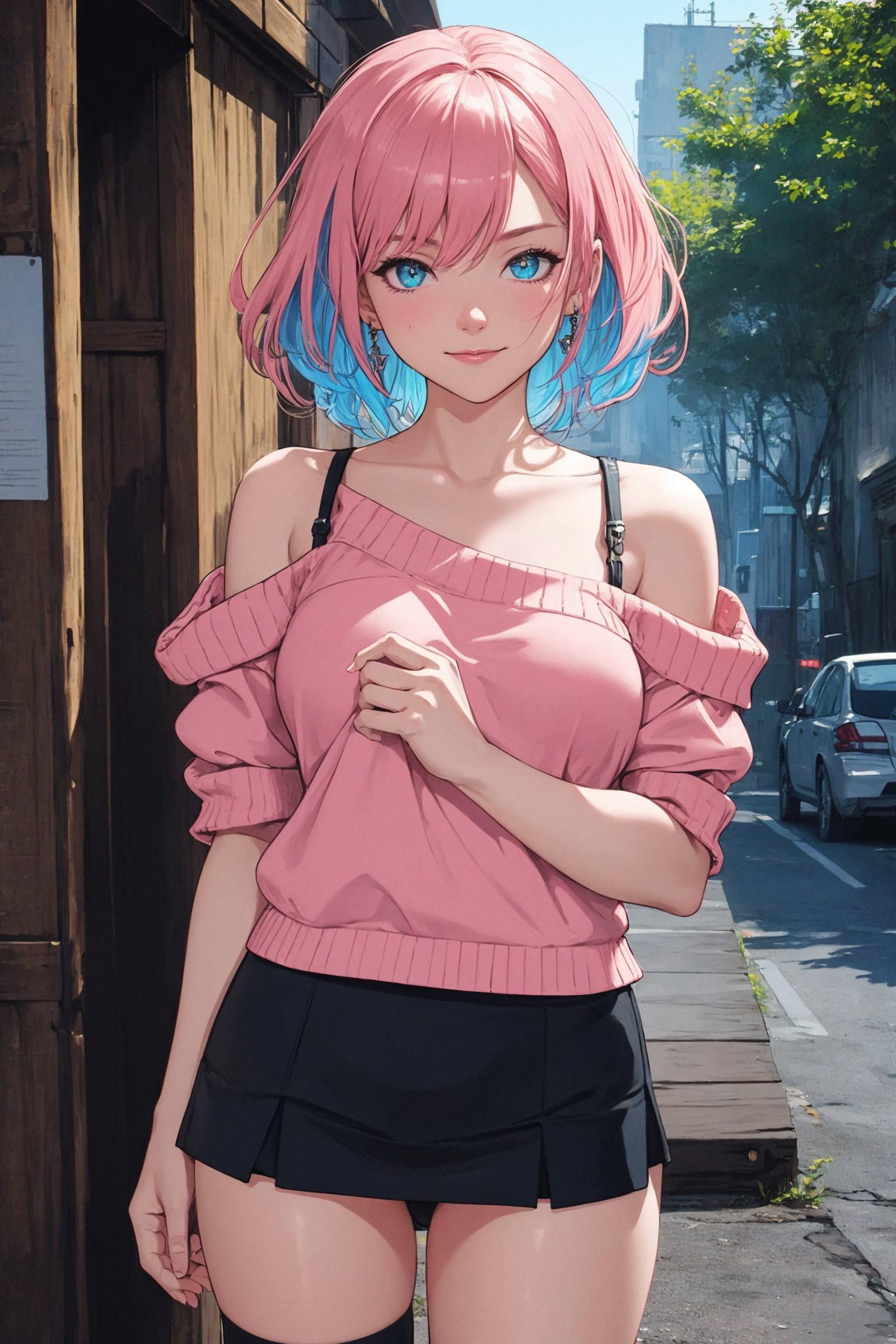 (best quality, 4k, 8k, highres, masterpiece:1.2), ultra-detailed, 1girl, cowboy shot, outdoors, standing, evil smile, strap sweater, bare shoulders, microskirt, short pink hair, azure eyes, portraits, vivid colors, warm color palette, soft lighting