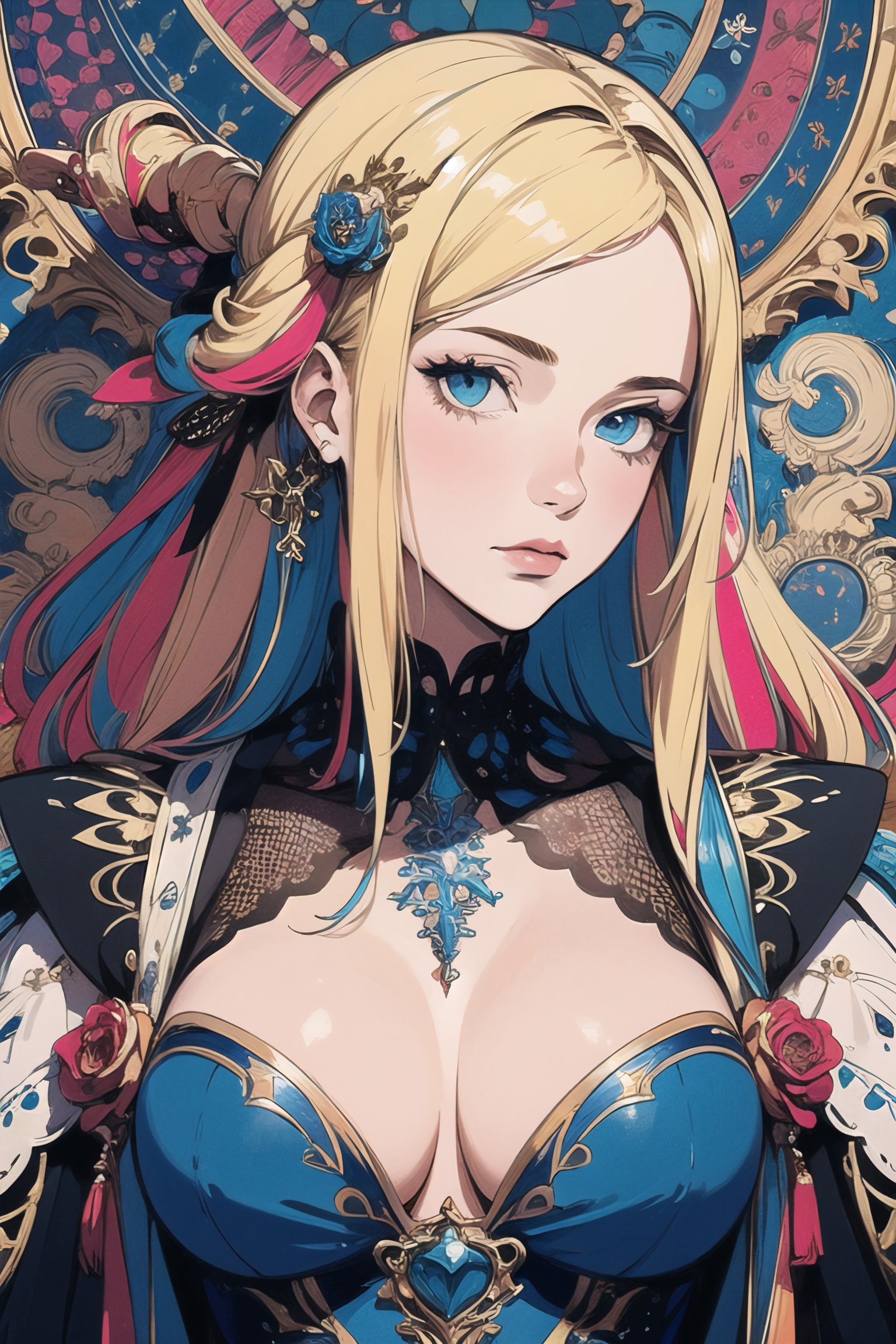 (masterpiece, top quality, best quality, official art, beautiful and aesthetic:1.2),(1girl:1.4),upper body,   navia, blonde hair, deep cleavage, portrait,,extreme detailed,(fractal art:1.3),(colorful:1.5),highest detailed,(aristocracy:1.5),