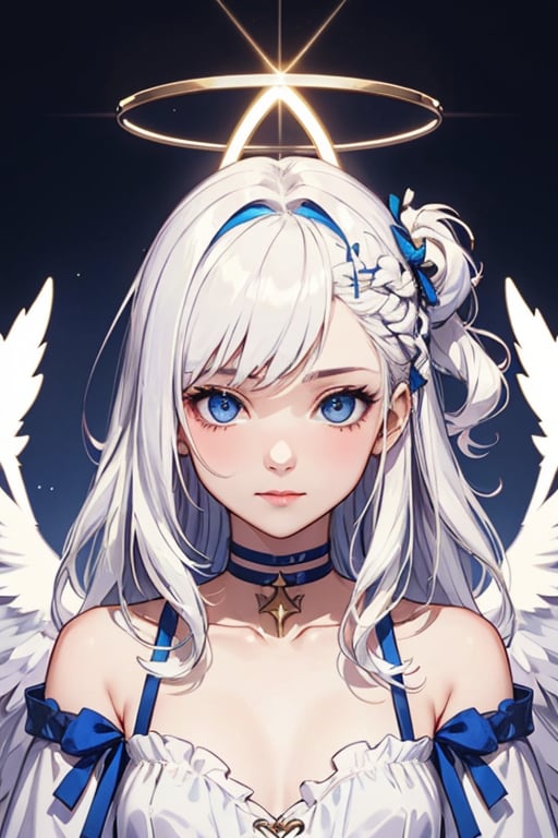 girl look at screen , 1girl, angel, (white hair), long curly hair, two side up,blue eyes, two blue ribbons on her hair, (Double golden halo on her head), choker, angel wings,shy,portrait