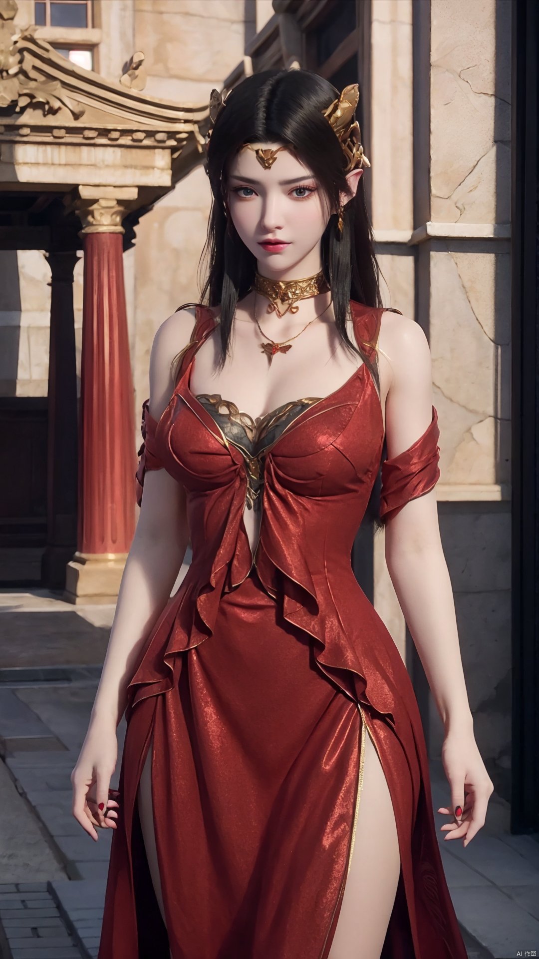  1girl, single shoulder dress, solo, red dress, breasts, black hair, long hair, bare shoulder, mischevious smile, perfect body, scenery, sharp focus, best quality, masterpiece, detailed outfit, illustration, perfect eyes, finely detailed beautiful anime eyes, realistic skin, intricate details, best lighting, depth of field, ultra high resolution, cowboy_shot, dynamic pose, dynamic angle,