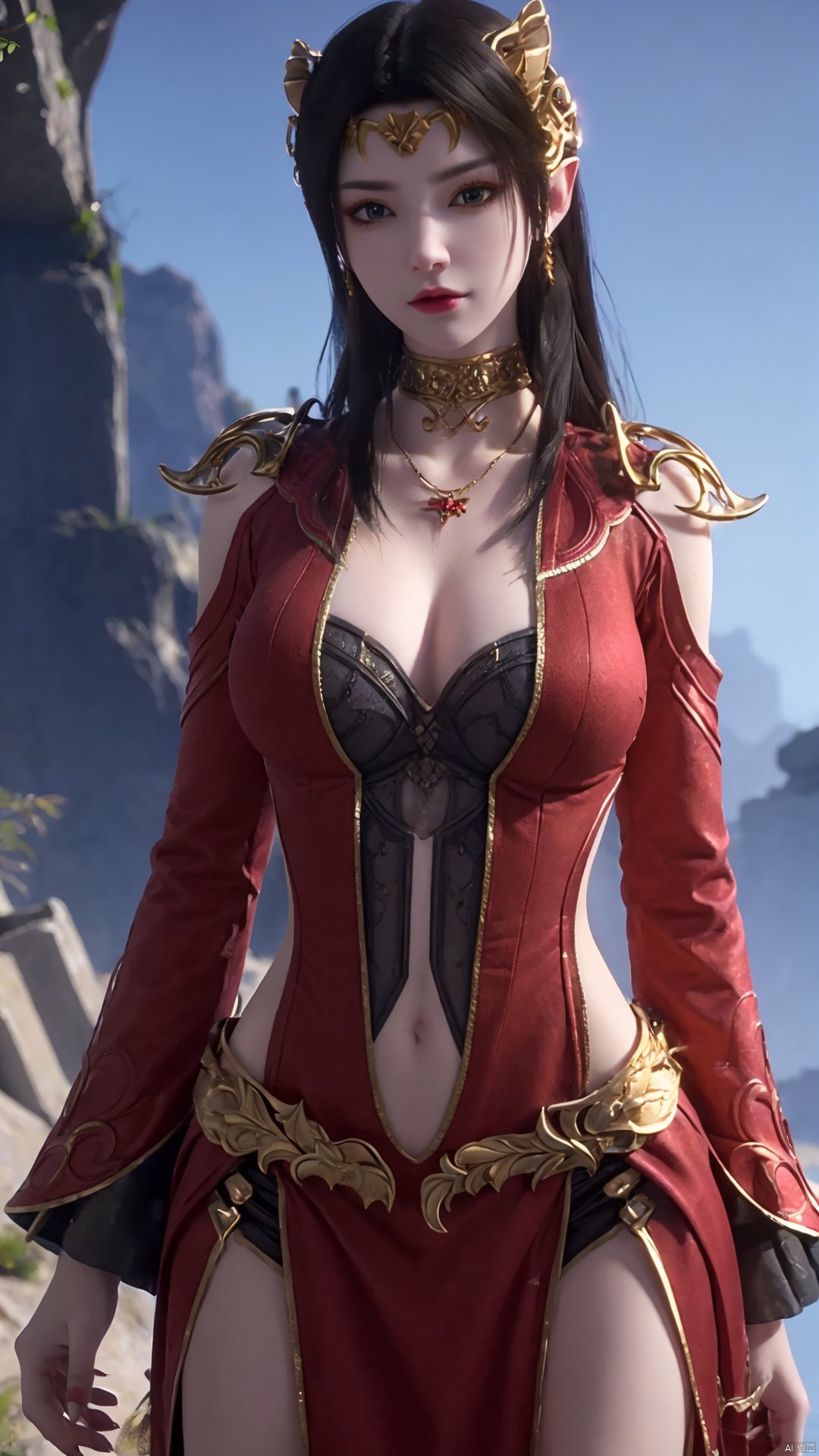  1girl, solo, black hair, red dress, dress, navel, long hair, standing, clothing cutout, pointy ears, mischevious smile, perfect body, scenery, sharp focus, best quality, masterpiece, detailed outfit, illustration, perfect eyes, finely detailed beautiful anime eyes, realistic skin, intricate details, best lighting, depth of field, ultra high resolution, kneeling on floot, from_above