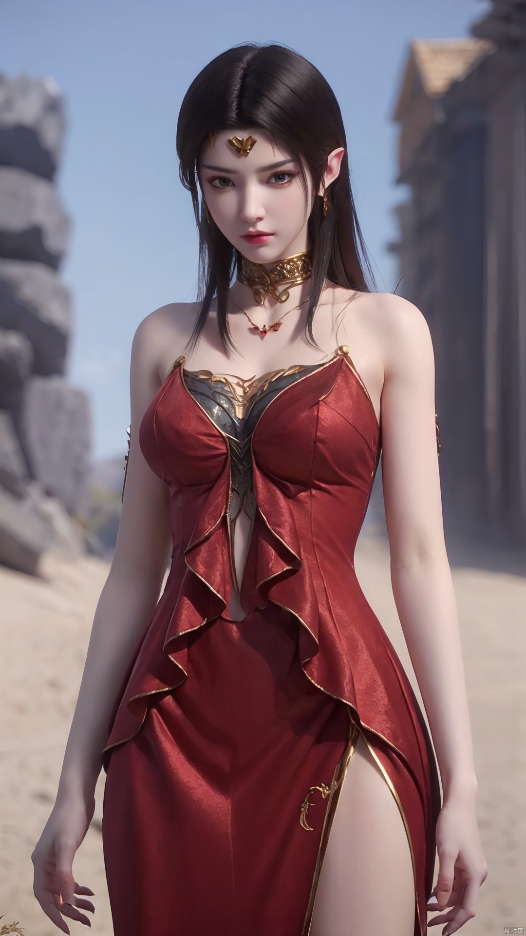  1girl, single shoulder dress, solo, red dress, breasts, black hair, long hair, bare shoulder, mischevious smile, perfect body, scenery, sharp focus, best quality, masterpiece, detailed outfit, illustration, perfect eyes, finely detailed beautiful anime eyes, realistic skin, intricate details, best lighting, depth of field, ultra high resolution, cowboy_shot, dynamic pose, dynamic angle,