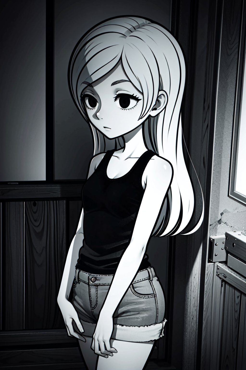 (1girl,solo,(GR_girl),monochome, long hair, tank top, shorts, dark, black eyes,  horror \(theme\), crossing arms)